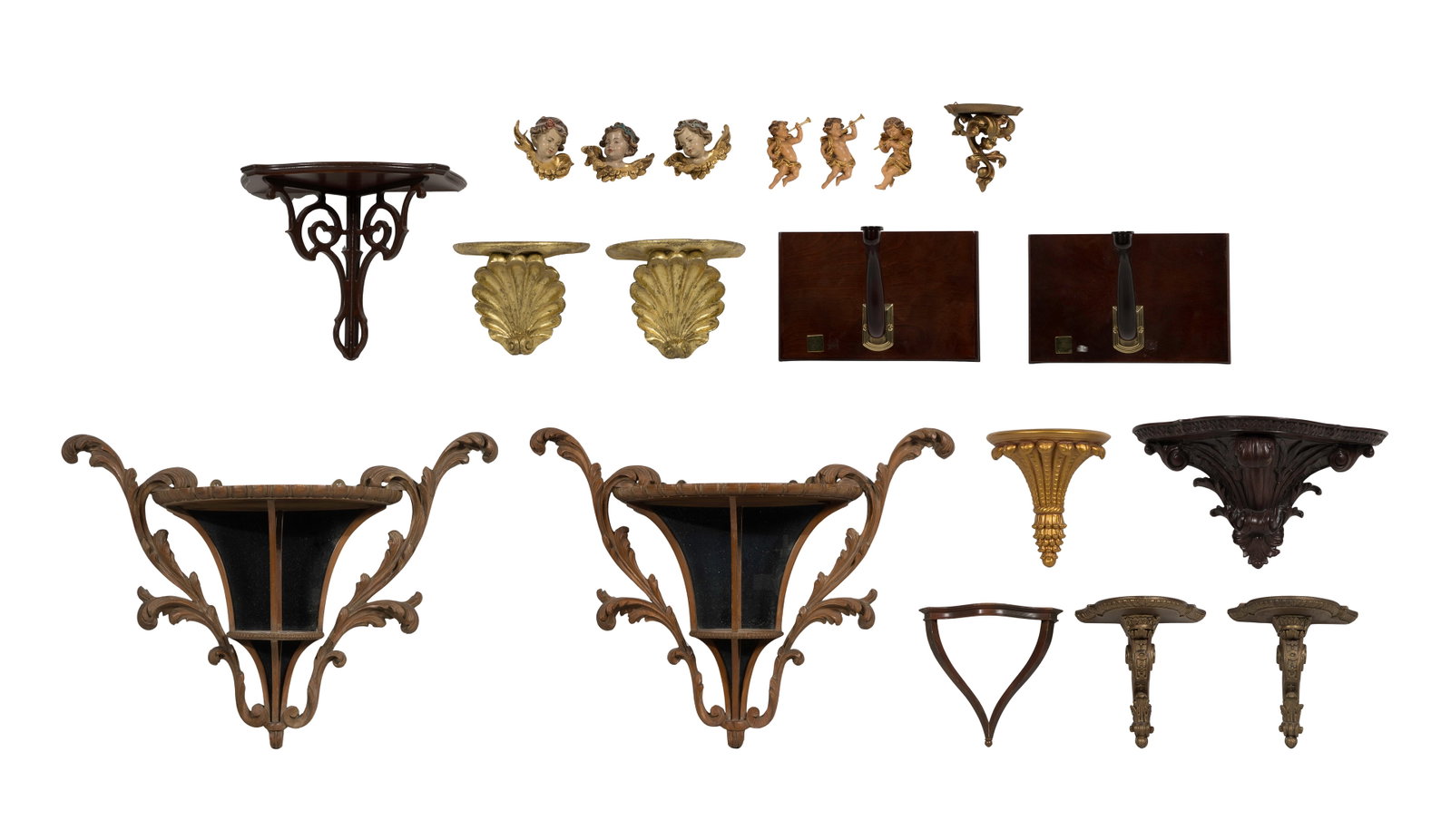 Wall Bracket Assortment: Wall Bracket Assortment (19) total items of various shapes, styles and materials including plaster, resin, and wood; together with (6) resin cherubs Property from: a Private Collector, Wheaton,