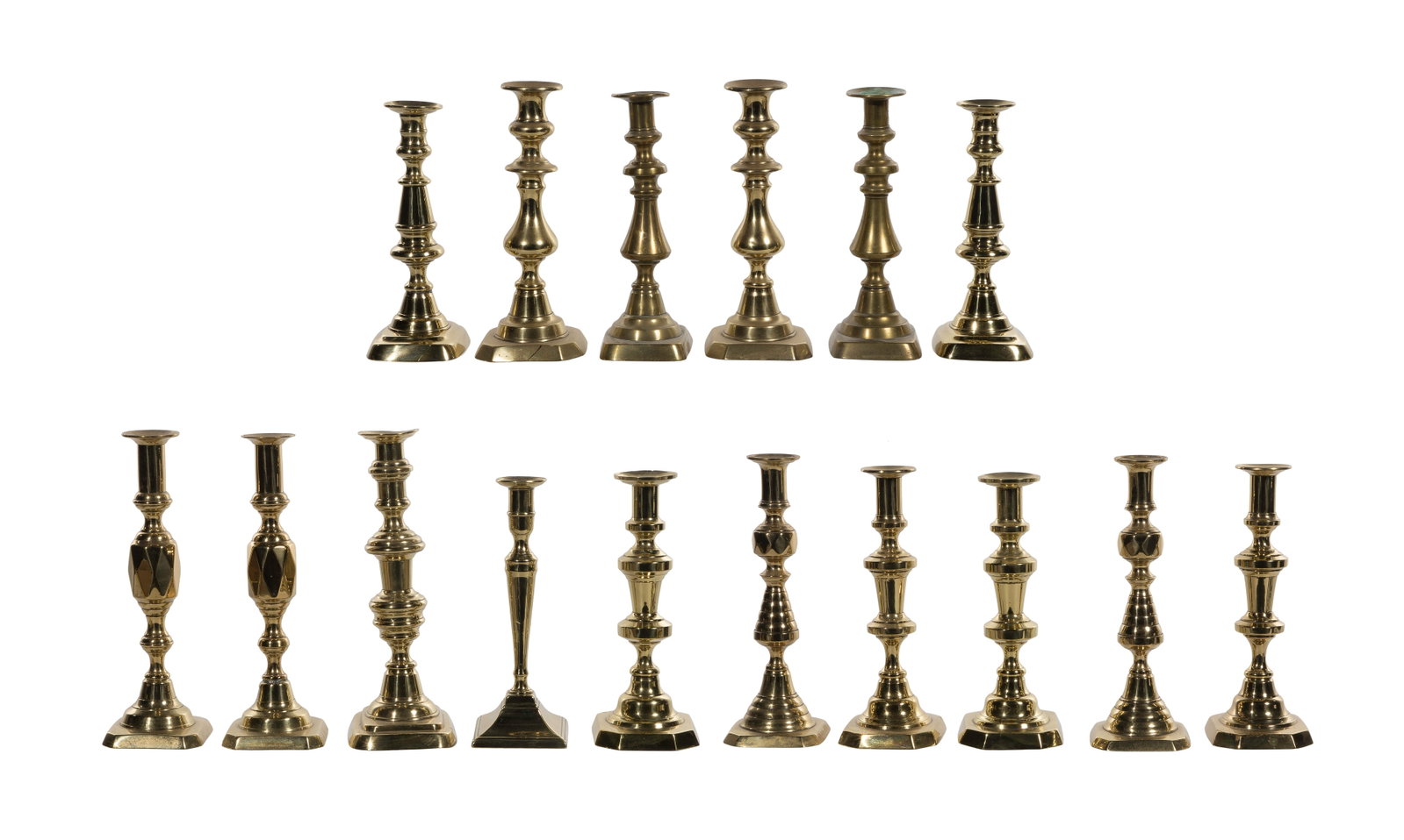 Brass Candlestick Assortment: Brass Candlestick Assortment (16) items, mostly matching pairs Property from: a Private Collector, Wheaton, Illinois Height: 12 inches, Width: 3 1/2 inches, Depth: 3 1/2 inches (tallest) Condition: