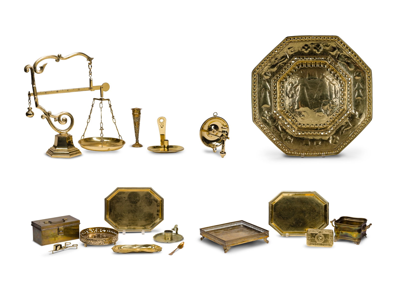 Brass Object Assortment: Brass Object Assortment (16) items including a scale having pan, bar, counterweight and stand, a 22-inch wide repousse wall charger, swiveling ship's candlestick, a candle wall sconce, a candlestick,