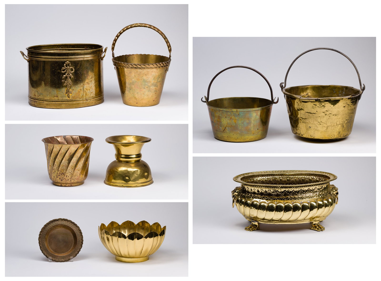 Brass Object Assortment: Brass Object Assortment (9) items including an oval repousse centerpiece cachepot having swelling gadrooned sides, lion head ring handles and paw feet, (3) bail handled buckets, a spittoon, a straight
