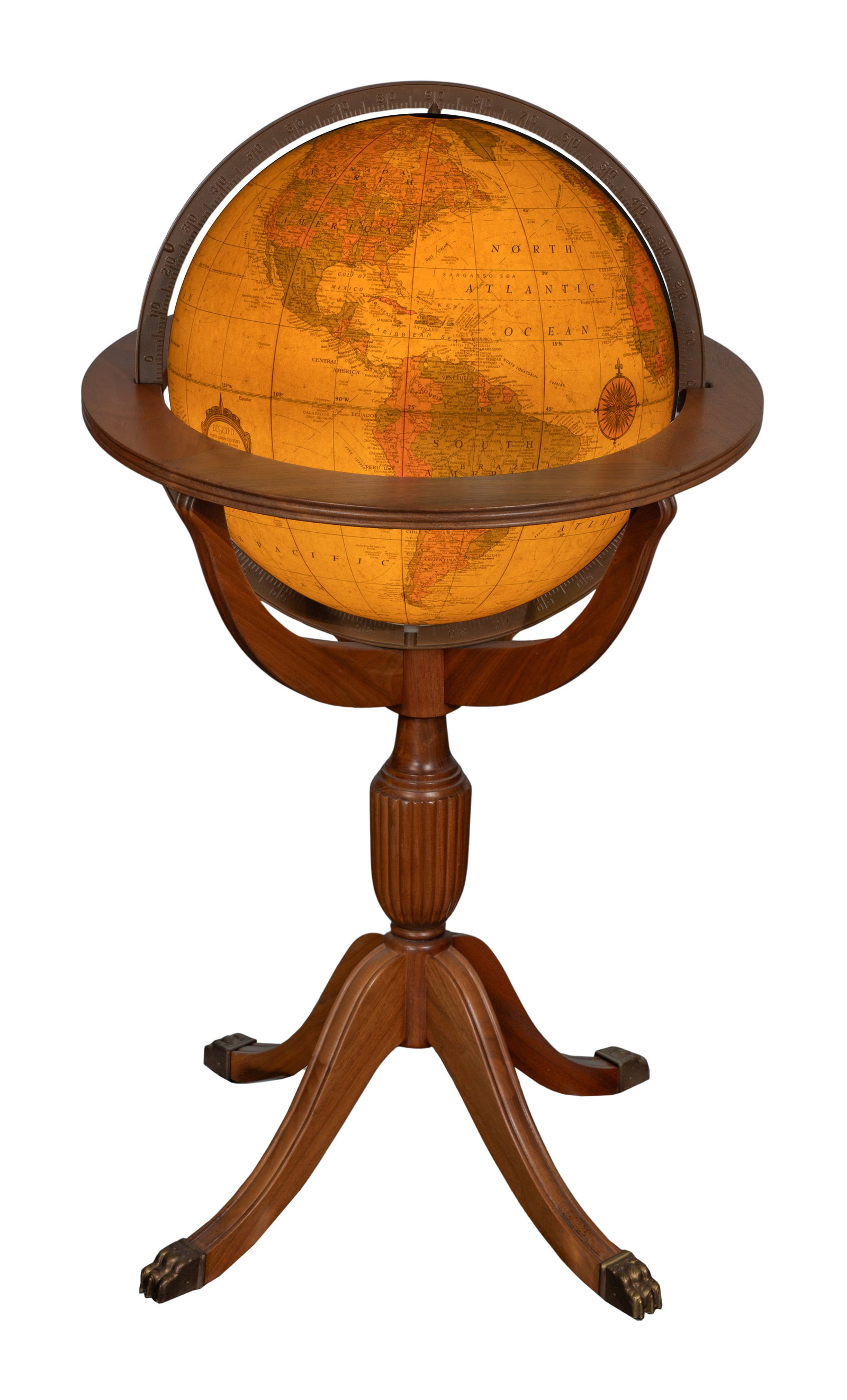 Replogle Heirloom Floor Globe: Replogle Heirloom Floor Globe (2) total items including a lighted 16-inch post-1991 floor globe mounted within an oak stand having a brass plated meridian and claw feet; together with pre-1991