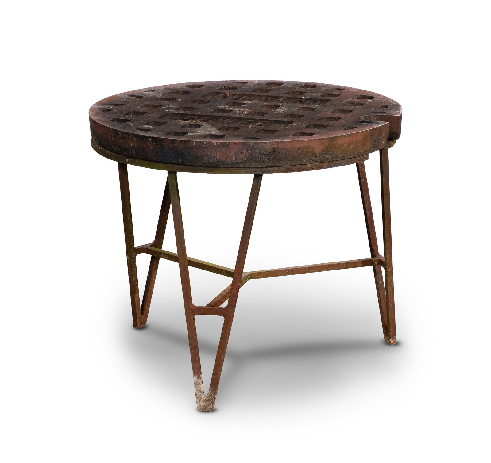 Chicago Sewer Manhole Cover Table: Chicago Sewer Manhole Cover Table An industrial style table having an authentic Chicago Sewer top on a metal base Property from: an Estate, Antioch, Illinois Height: 19 inches, Diameter: 22 5/8