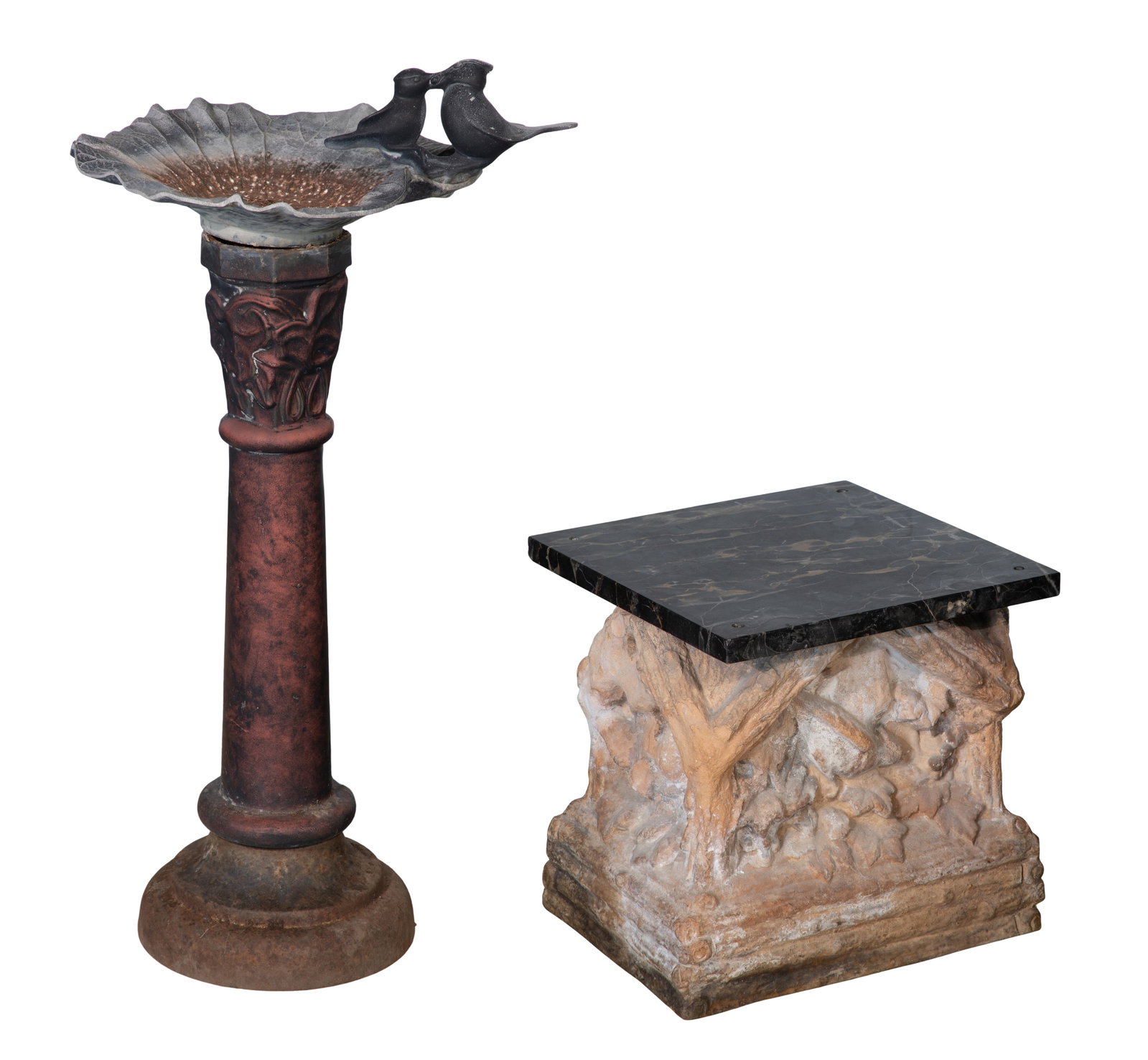 Outdoor Decorative Object Assortment: Outdoor Decorative Object Assortment (2) items including a birdbath / feeder on a wrought iron stand and a stone plant stand having marble top Property from: a Private Collector, Wheaton, Illinois Hei