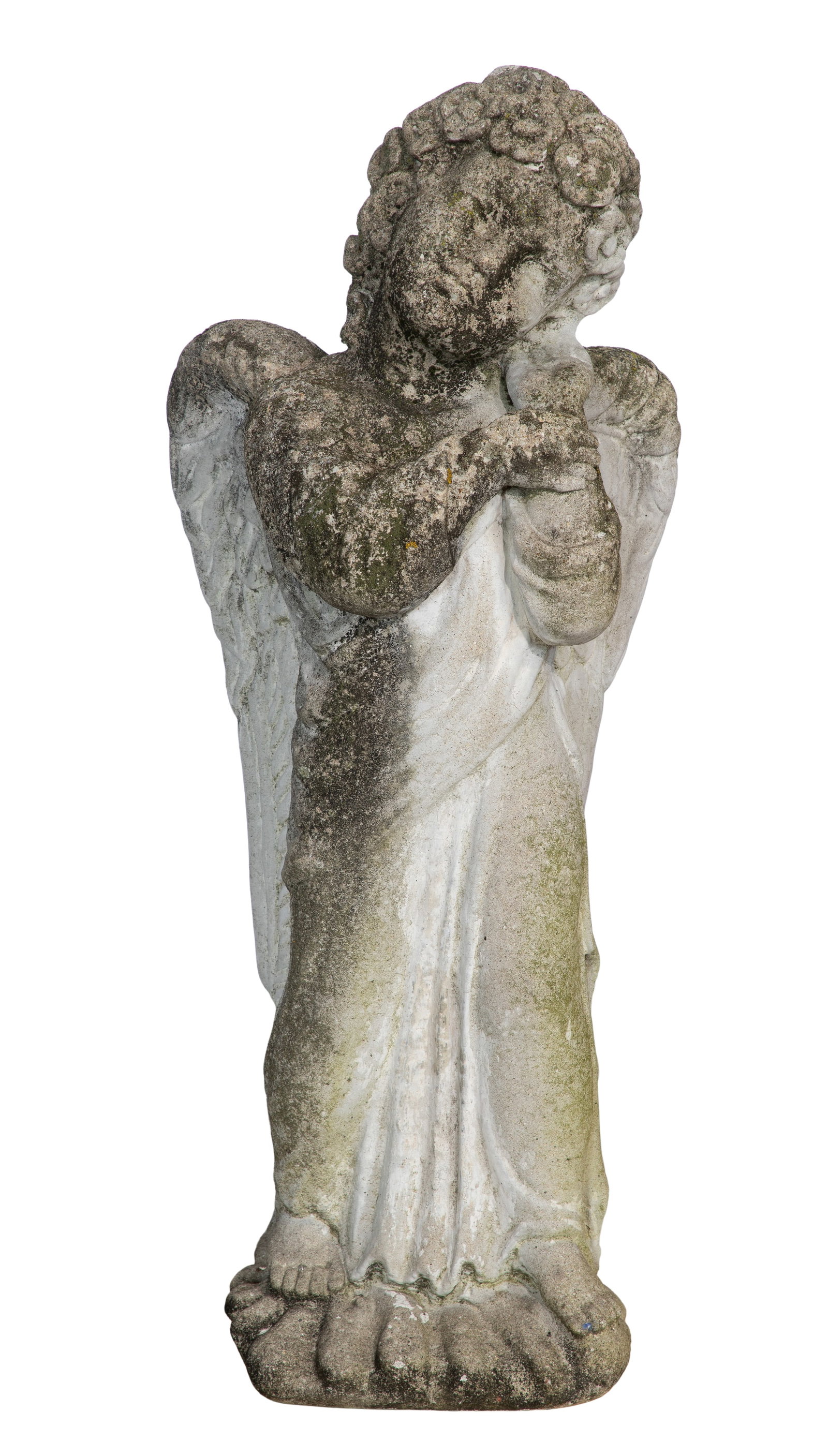 Concrete Angel Garden Sculpture: Concrete Angel Garden Sculpture Depicted having a hand cupped at an ear Property from: a Private Collector, Wheaton, Illinois Height: 31 1/2 inches, Width: 12 inches, Depth: 9 inches Condition: overal