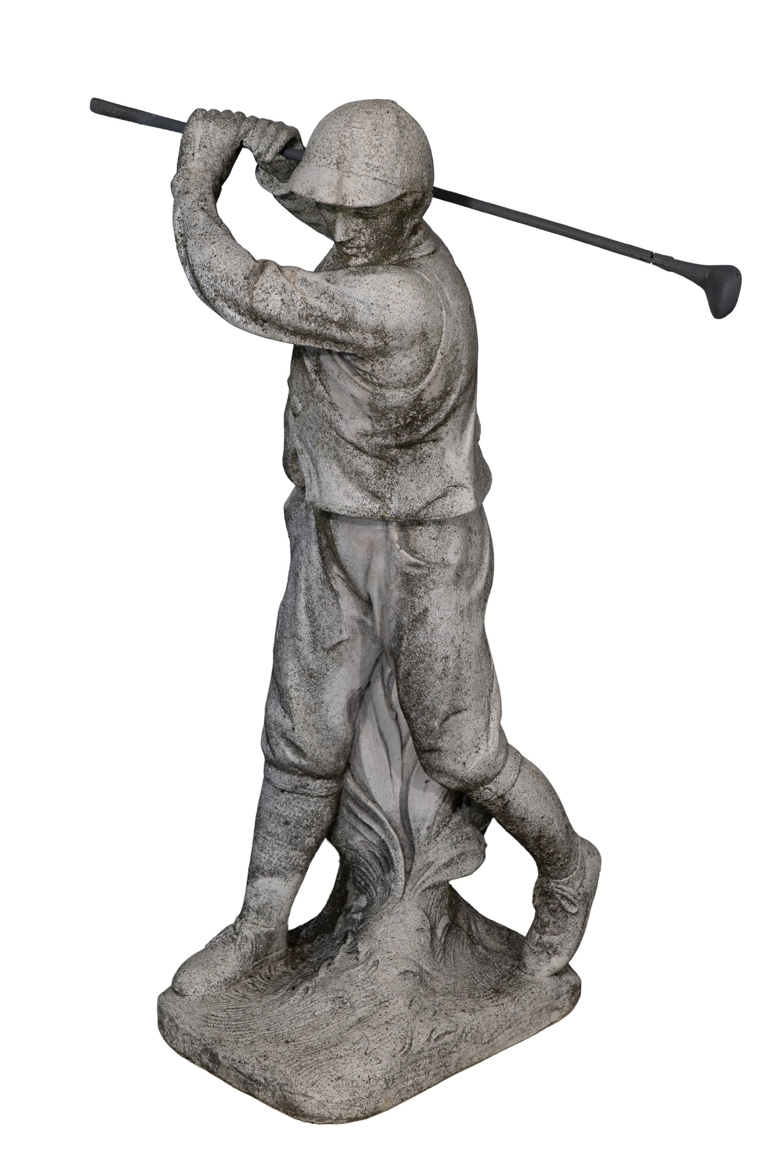Concrete Golfer Garden Statue: Concrete Golfer Garden Statue An outdoor statue in a mid-swing pose, wearing a flat cap and knickers Property from: a Private Collector, Wheaton, Illinois Height: 39 inches, Width: 28 inches, Depth: