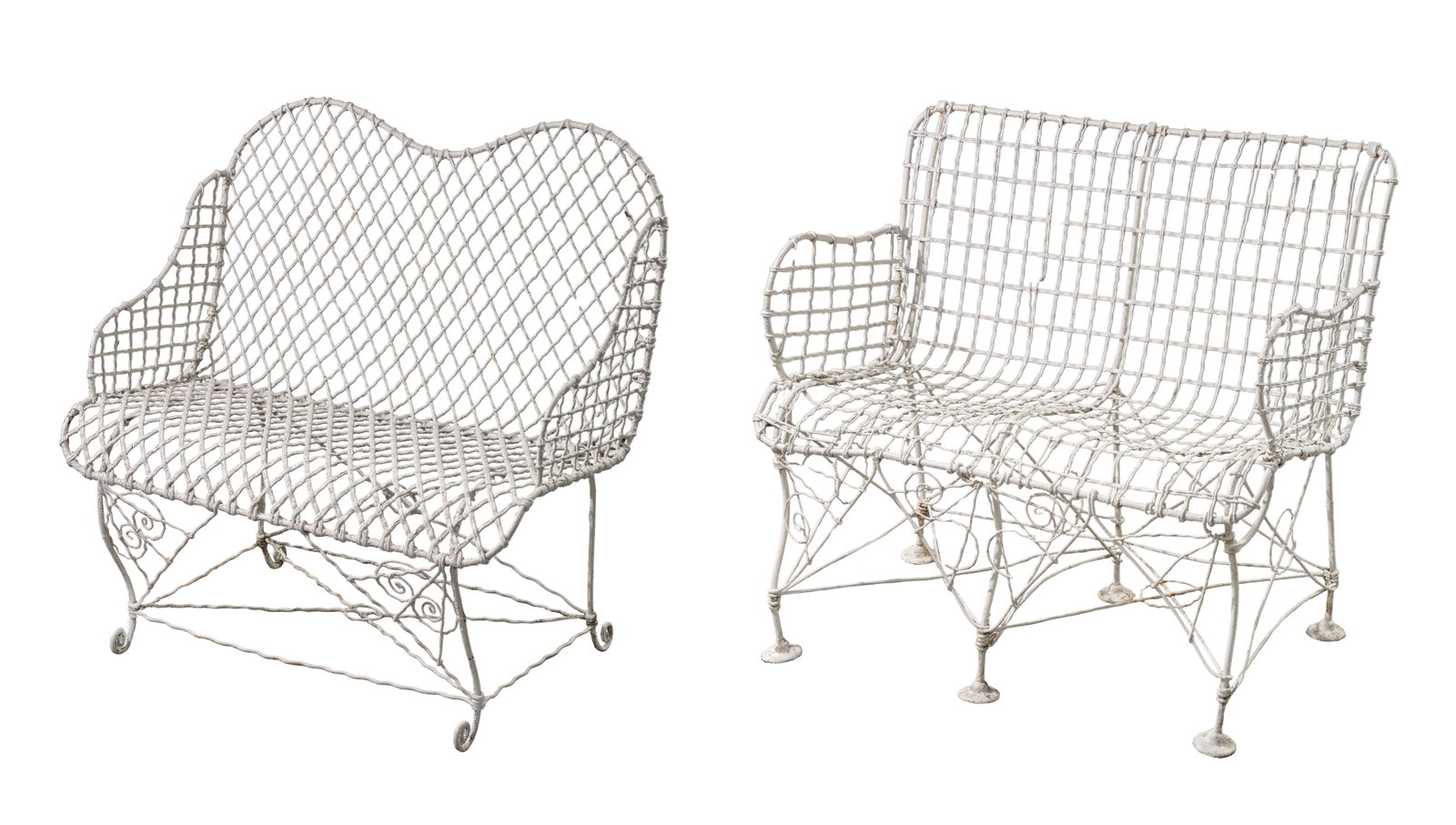 Iron Outdoor Benches: Iron Outdoor Benches (2) similar items, painted white having wire grid construction, scrolled details and supports Property from: a Private Collector, Wheaton, Illinois Height: 36 inches, Width: 36