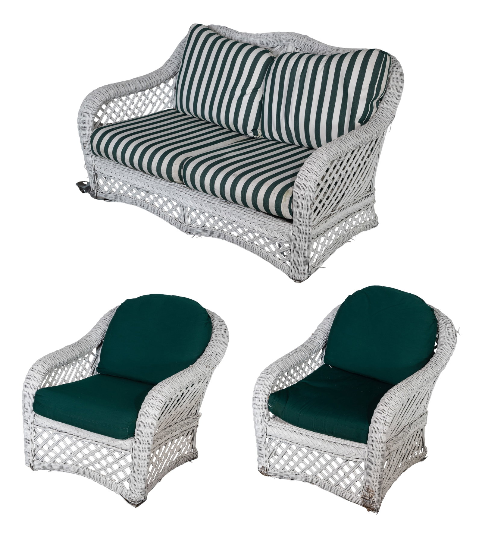 Wicker Outdoor Furniture Suite: Wicker Outdoor Furniture Suite (3) piece unbranded set including a loveseat and (2) armchairs, painted natural rattan having cushions and pillows Property from: a Private Collector, Wheaton, Illinois 