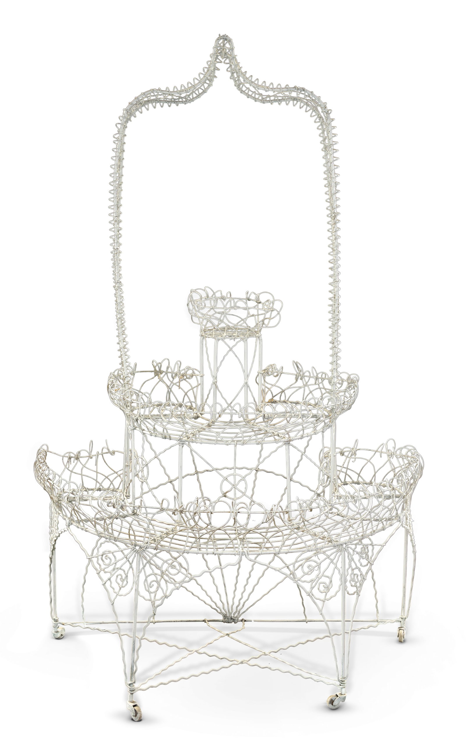 French Style Plant Stand: French Style Plant Stand A three-tier demilune etagere, white wire construction into a wedding cake profile having flared baskets, scroll details, raised on casters Property from: a Private Collector,