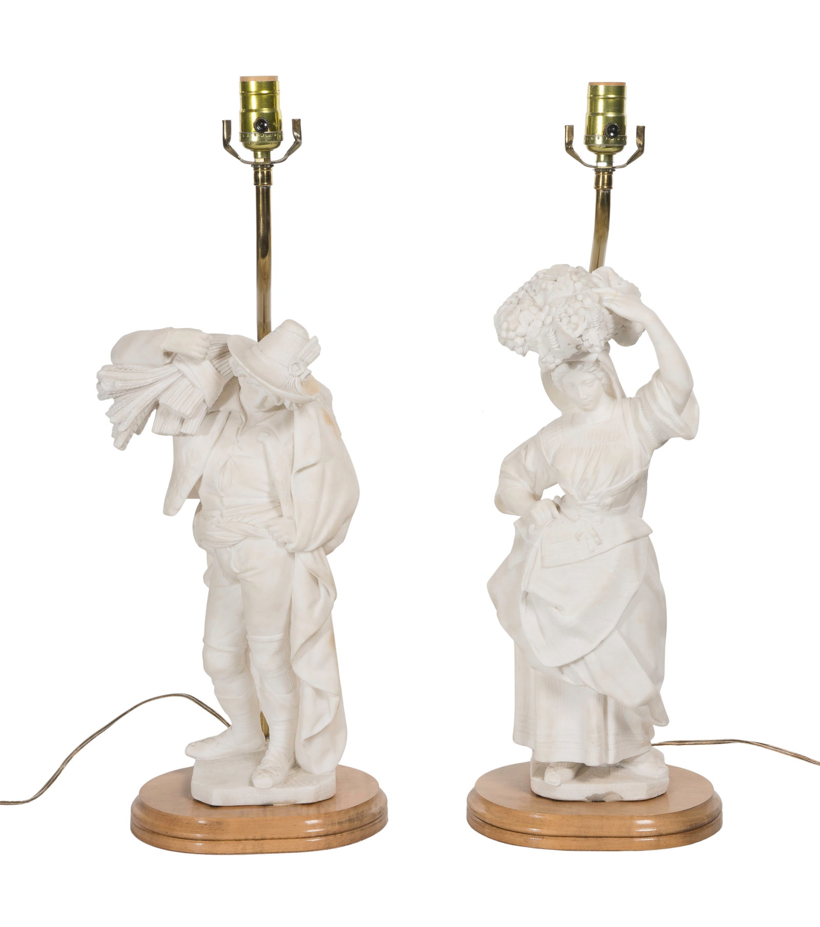 Alabaster Figural Table Lamps: Alabaster Figural Table Lamps (2) items, depicting a male and a female carrying produce to market, single socket brass hardware and wood stands Property from: a Private Collector, Wheaton, Illinois