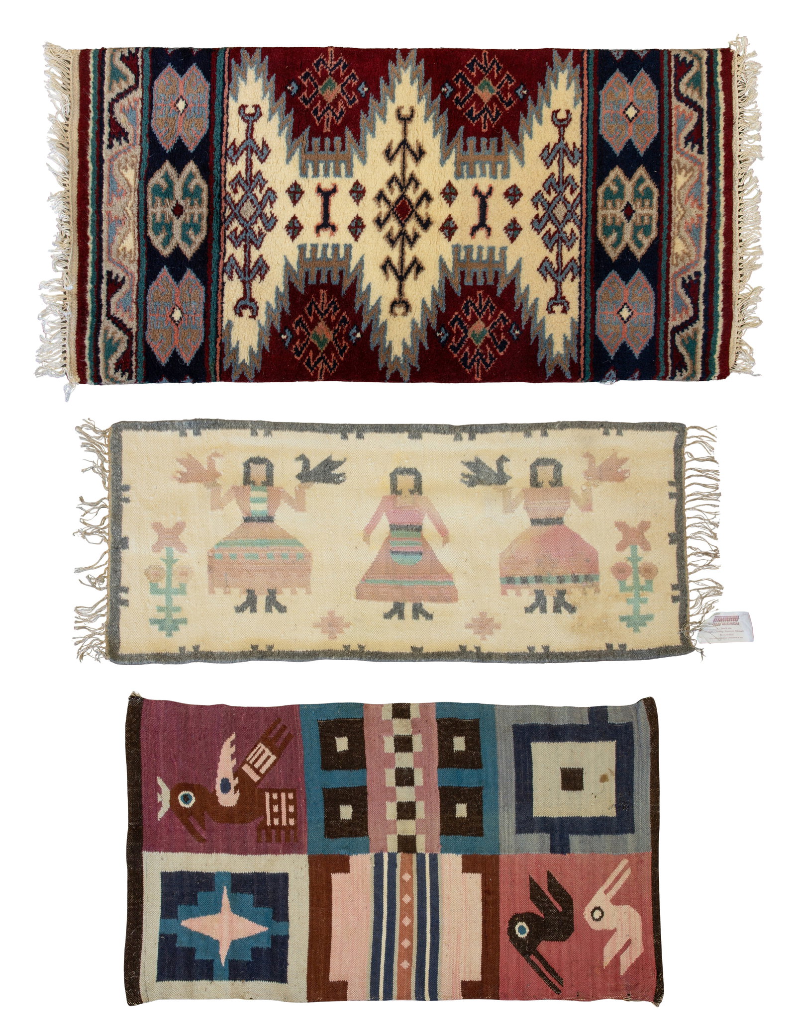 Wool Textile Assortment: Wool Textile Assortment (3) items including a Persian throw rug in hues of burgundy, green, gray and black on a white field, having a Mathew Klujian, Chicago tag, a 45 x 21-inch pictorial kilim wall