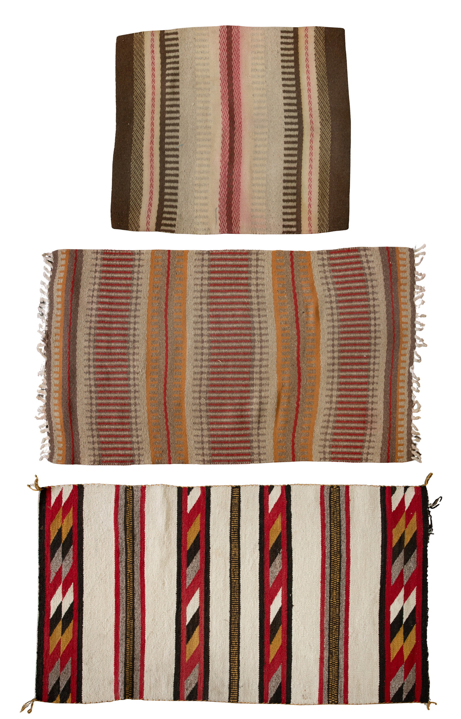 Native American Style Wool Rug Assortment: Native American Style Wool Rug Assortment (3) items including a geometric design in hues of red, gold-tone, oatmeal and black on a cream field, a geometric design in hues of brown, red and gray on a