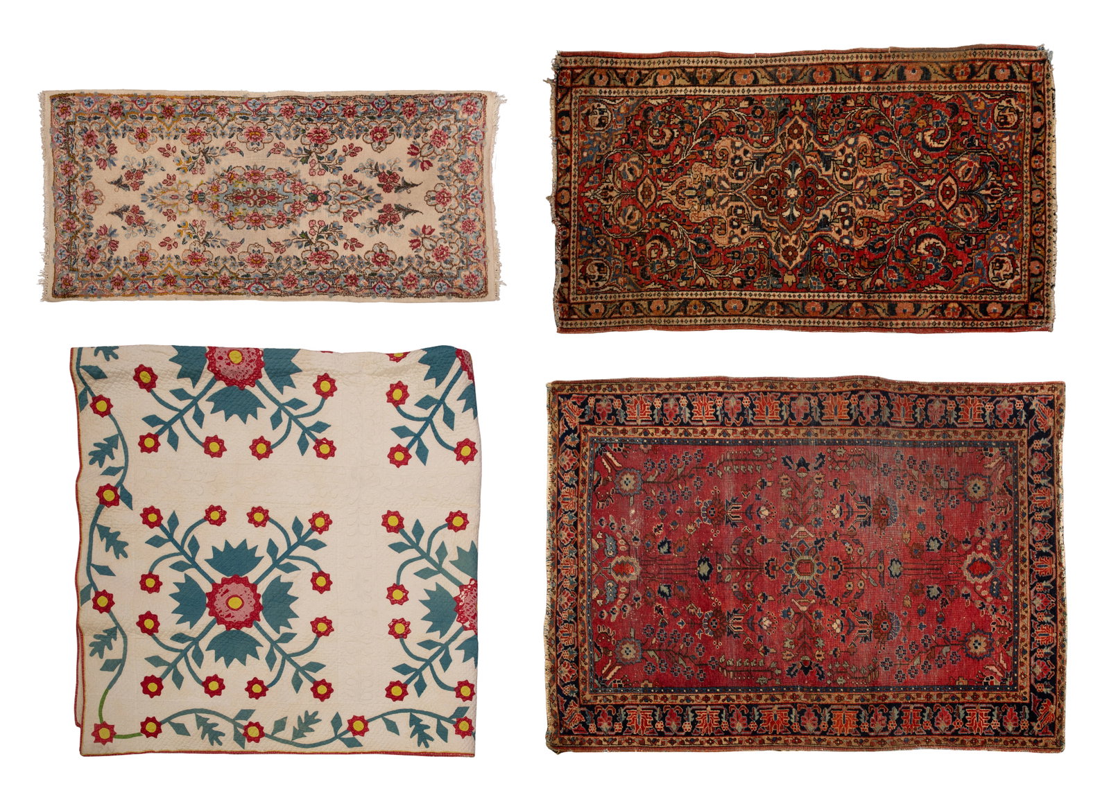 Persian Wool Rug Assortment: Persian Wool Rug Assortment (4) total items including hand knotted rugs such as a floral in hues of blue, grey, tan and brown on a red field, a floral in hues of pink, cranberry, blue and gray on a