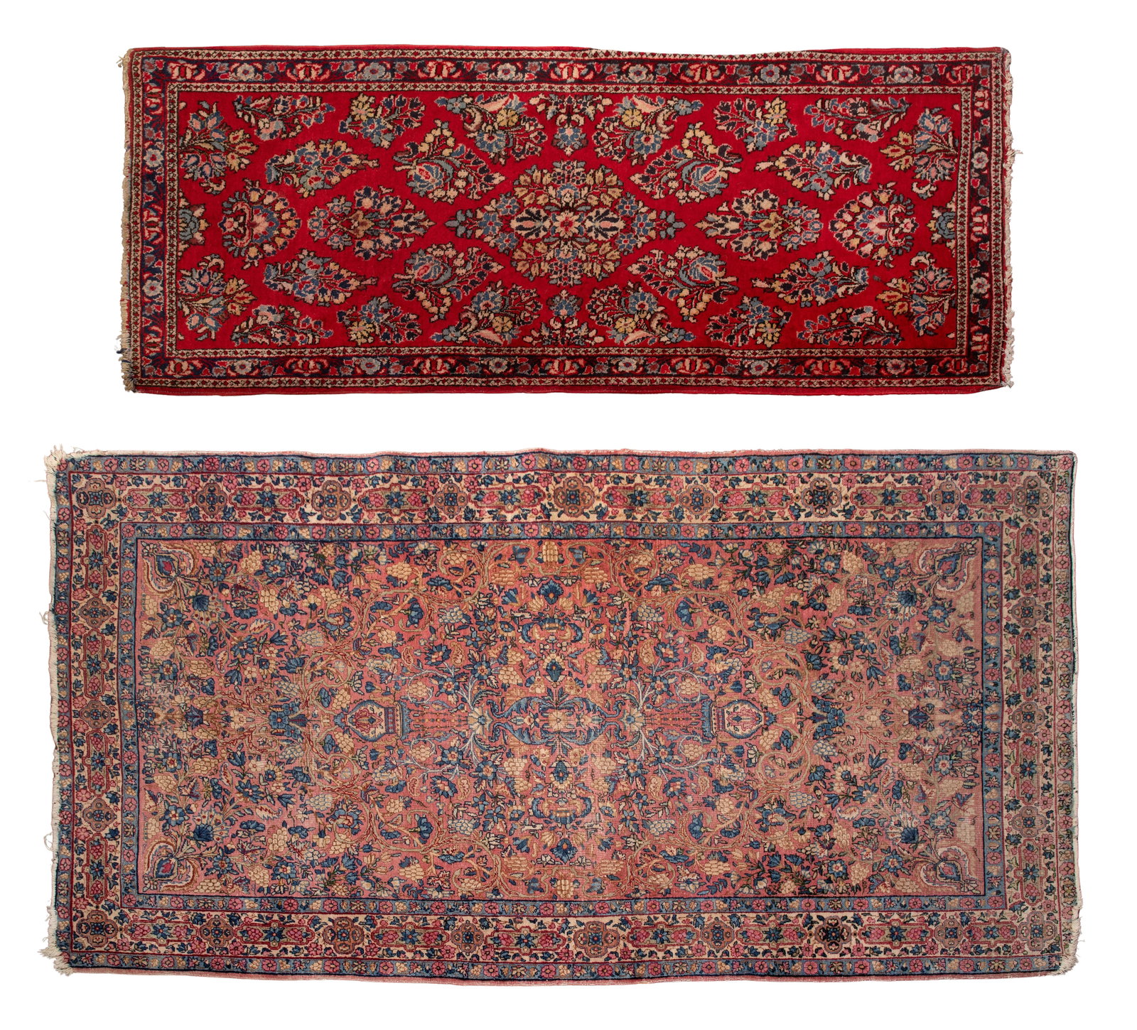 Persian Wool Rugs: Persian Wool Rugs (2) items including a floral in hues of cream, blue, cranberry and green on a pink field and a runner having a floral pattern in hues of blue, tan, pink and mauve on a red field, mai