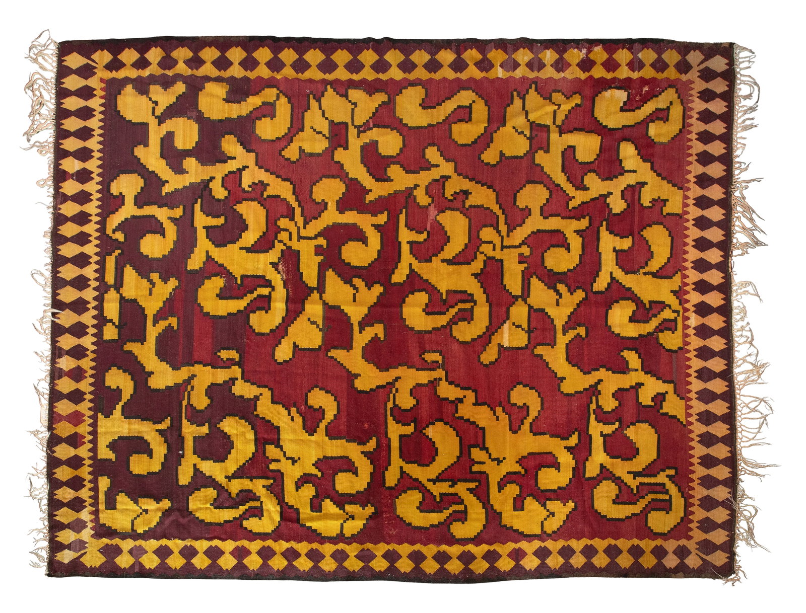 Turkish Kilim Rug: Turkish Kilim Rug A hand woven flat weave in a gold-tone and maroon abstract geometric design Property from: a Private Collector, Glen Ellyn, Illinois Rug Size: 9ft. 10 in, by 8 ft. 6 in. Condition: