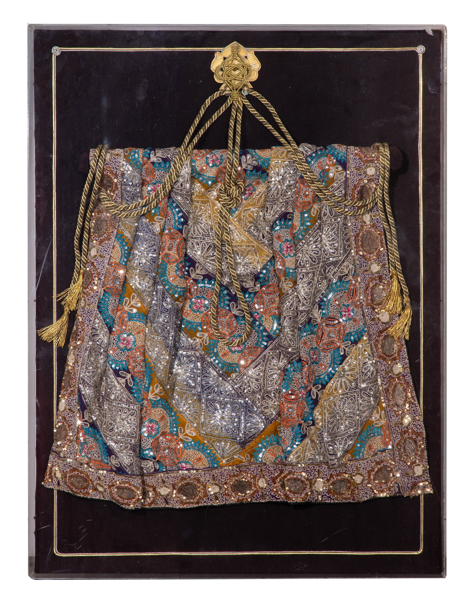 Burmese Kalaga Tapestry: Burmese Kalaga Tapestry A wall tapestry having patchwork, embroidery, sequins, beads and zari threadwork, in an acrylic display case Property from: an Estate, Wauconda, Illinois Height: 33 inches, Wid