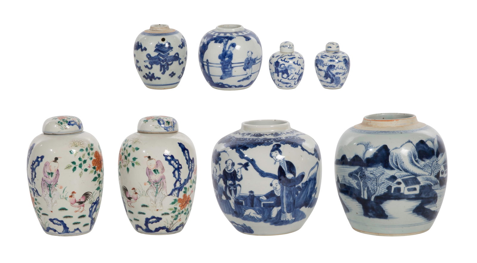 Chinese Porcelain Ginger Jar Assortment: Chinese Porcelain Ginger Jar Assortment (8) items including a mirror pair of famille rose ovoid having lids, pictorial boy feeding chicken motif, calligraphy decoration and underglaze blue Qianlong
