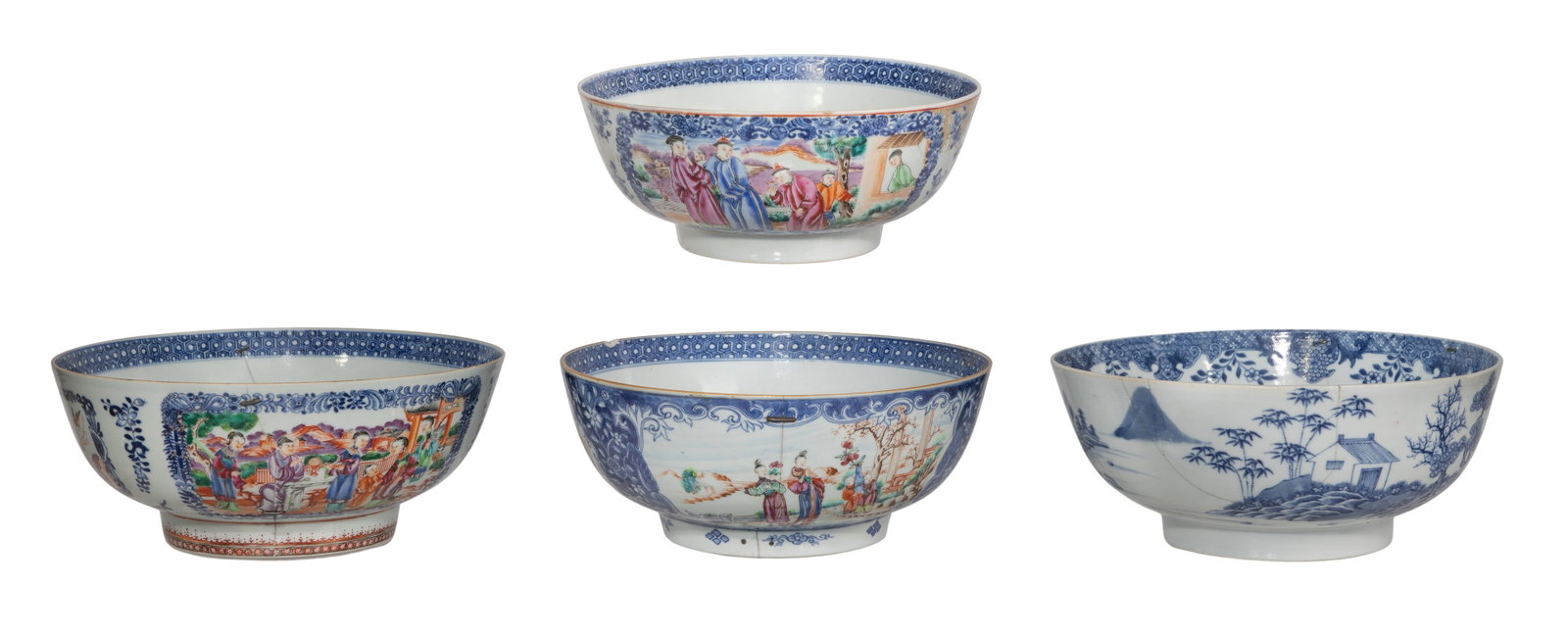 Chinese Export Porcelain Bowl Assortment: Chinese Export Porcelain Bowl Assortment (4) items including blue and white borders and color enamel panels incorporating figural Mandarin palette scenes and a landscape Property from: a Private