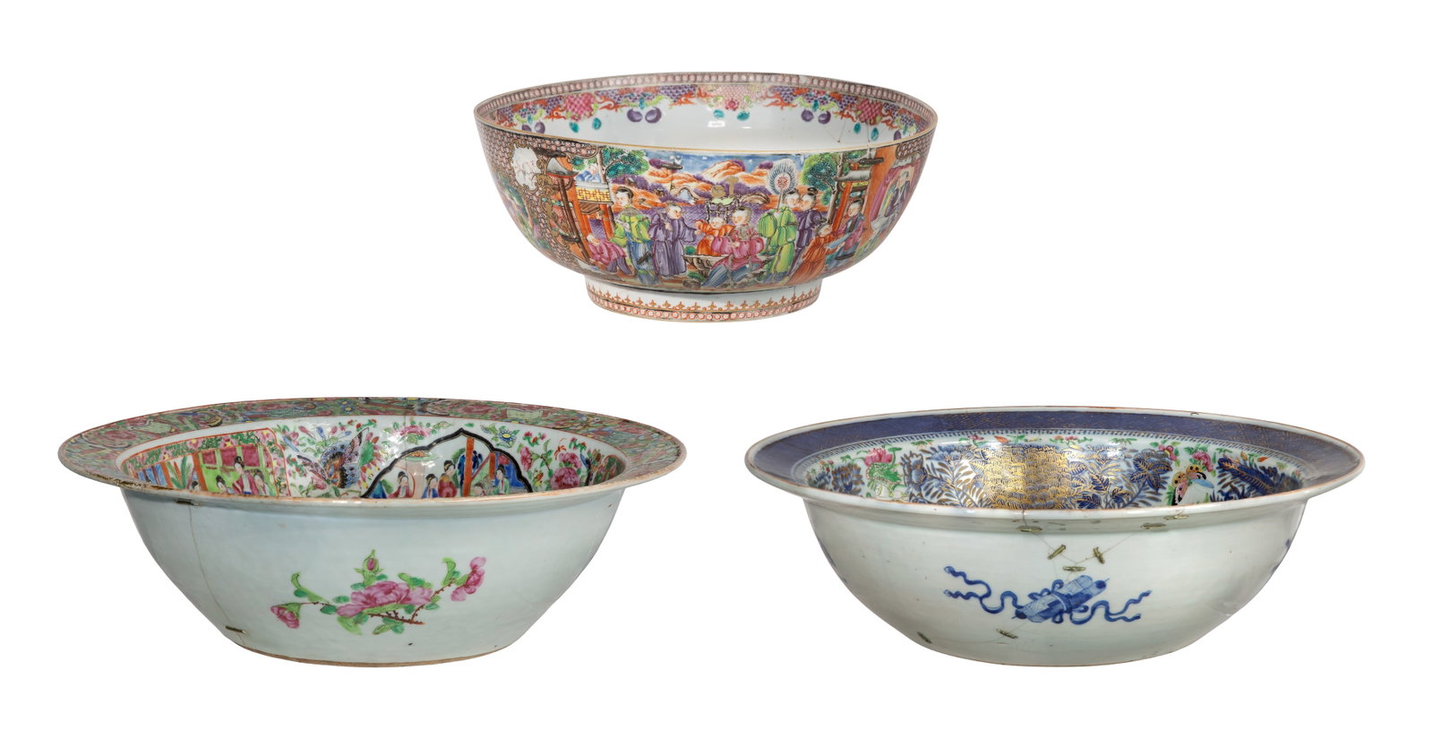 Chinese Export Porcelain Bowl Assortment: Chinese Export Porcelain Bowl Assortment (3) items including a court scene typical of the Rose Mandarin style and two wide-rimmed bowls having alternating floral panels and centralized hand-painted