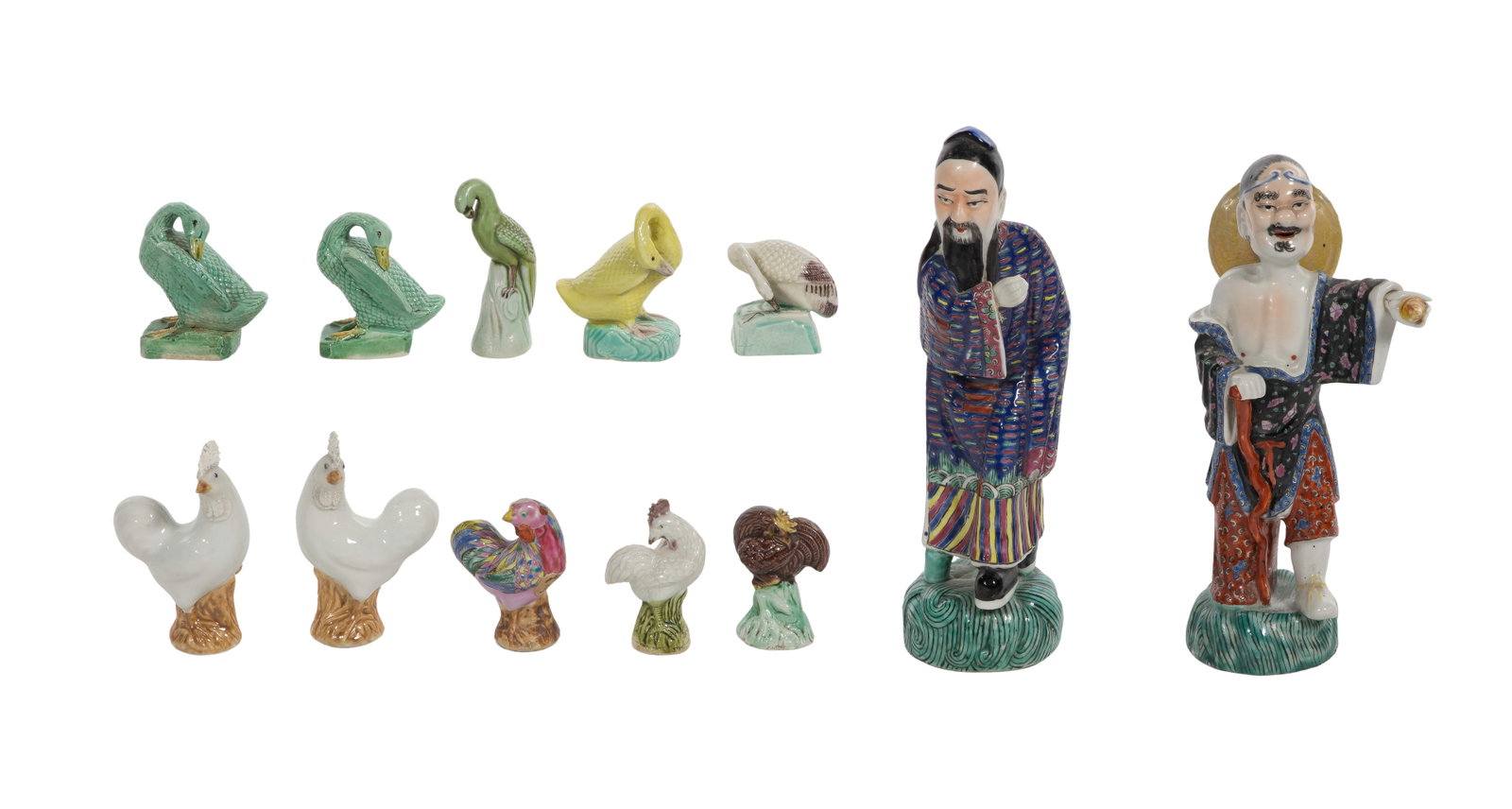 Asian Figurine Assortment: Asian Figurine Assortment (12) items, all hand-painted porcelain depicting robed scholars / immortals on textured green bases, ceramic fowl and waterfowl figures having detailed plumage and naturalist