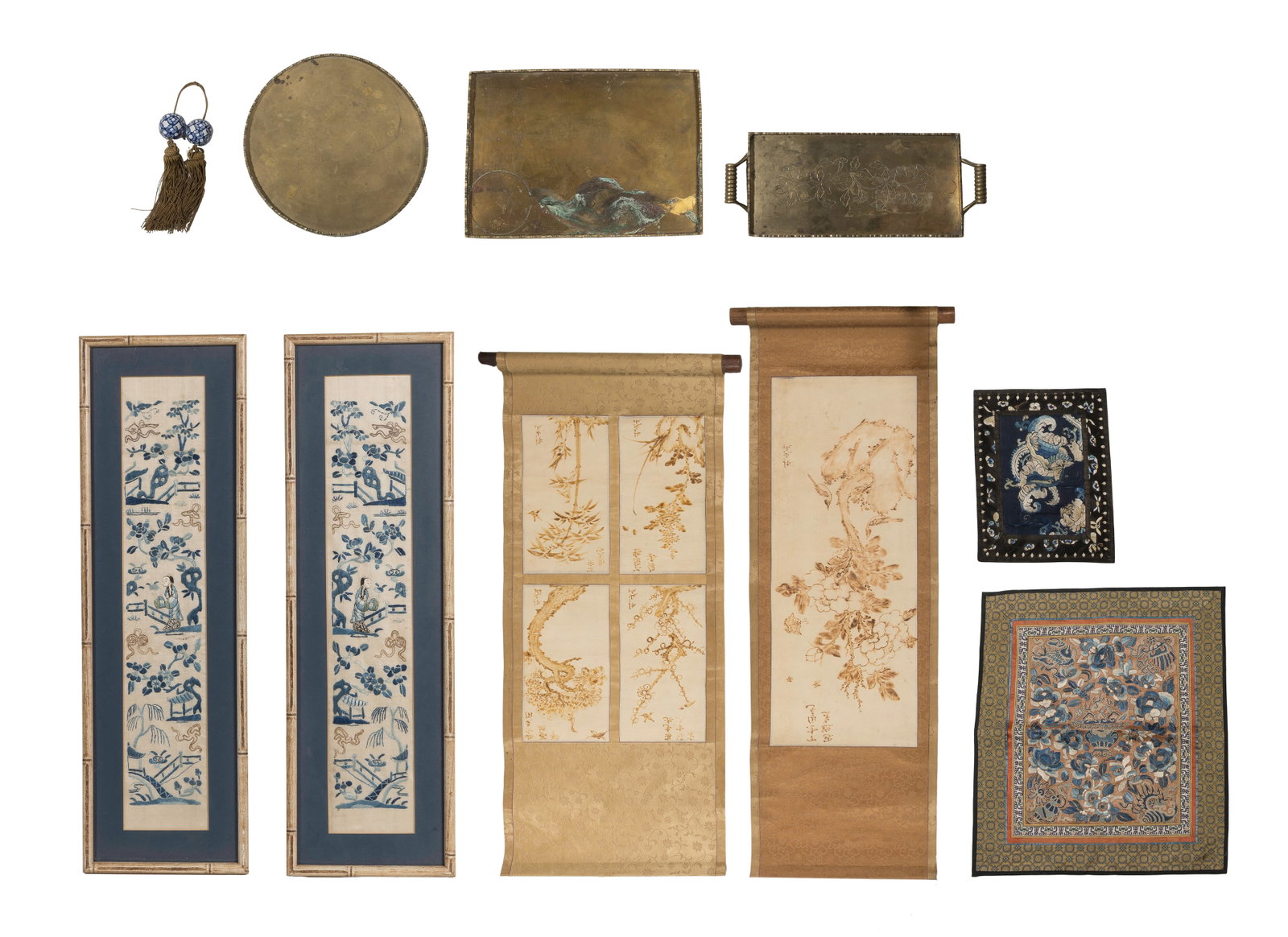 Asian Object Assortment: Asian Object Assortment (9) items including a pair of Chinese embroidered sleeve panels uniformly matted behind glass in painted faux bamboo frames, (2) unframed embroidered panels, (2) scroll