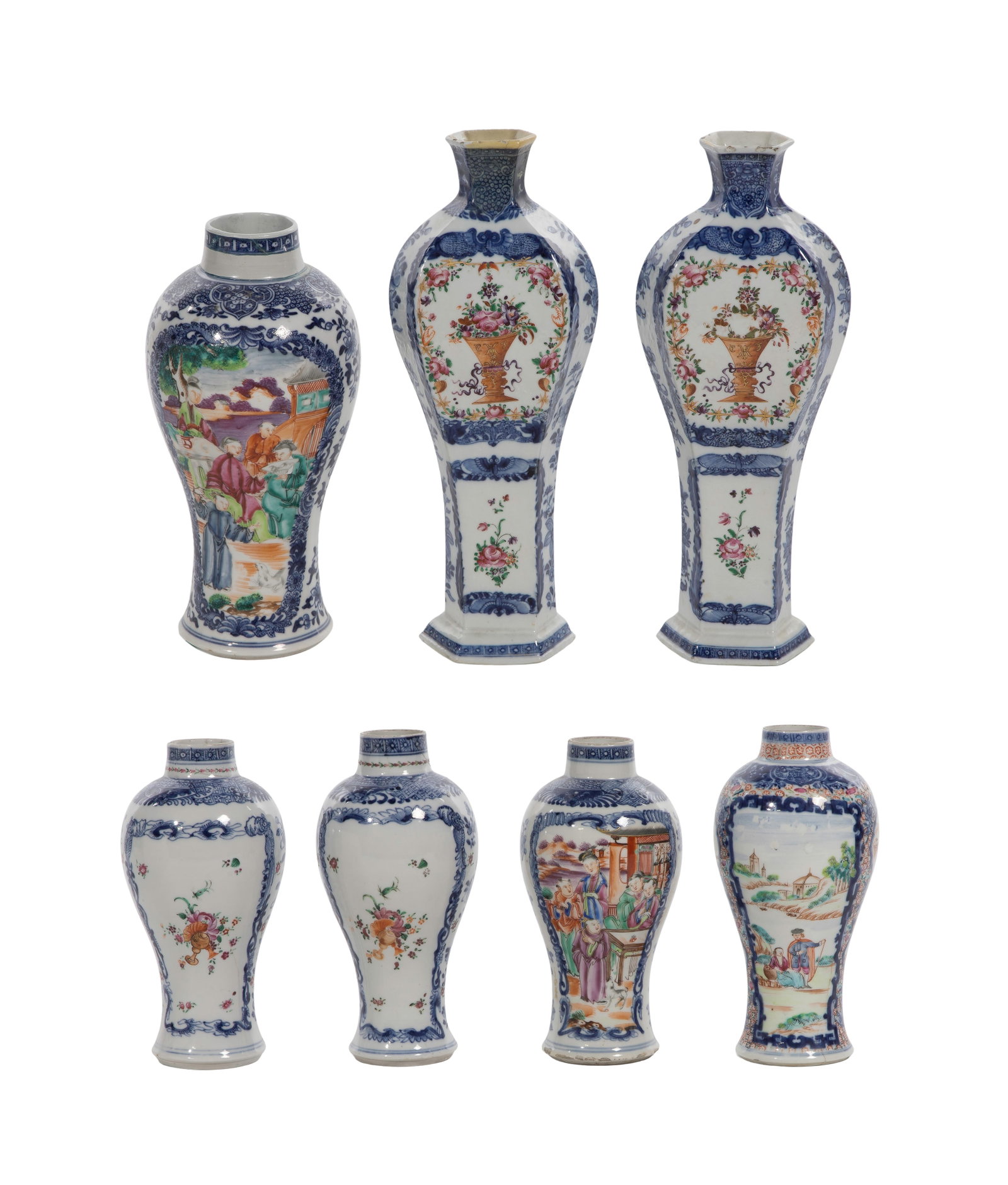 Chinese Export Porcelain Vase Assortment: Chinese Export Porcelain Vase Assortment (7) items including flat-backed baluster garniture vases and meiping form vases Property from: a Private Collector, Wheaton, Illinois Height: 11 1/2 inches,