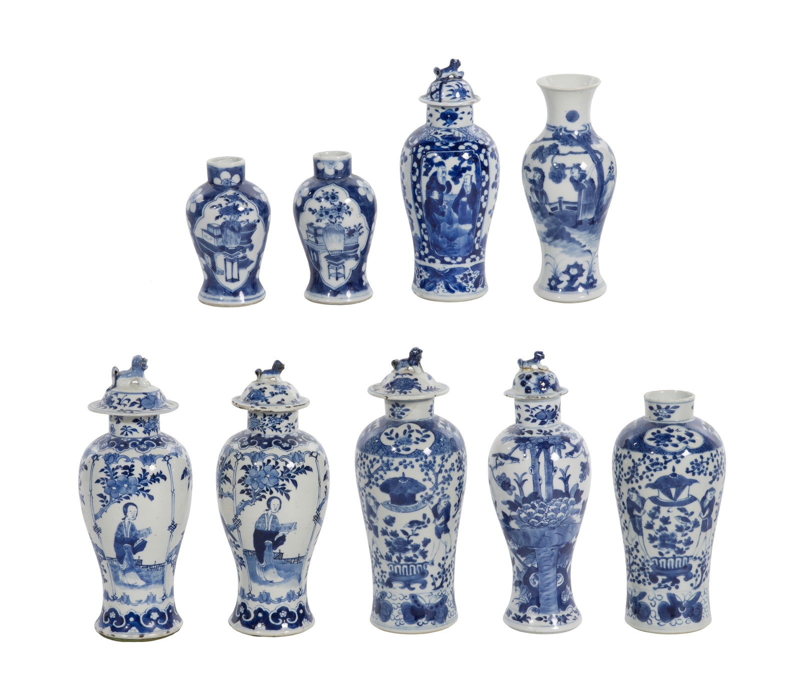 Chinese Porcelain Assortment: Chinese Porcelain Assortment (9) items, underglaze blue and white porcelain including mantel garniture vases and jars having garden / ritual vessel motifs such as baluster-shaped covered jars with
