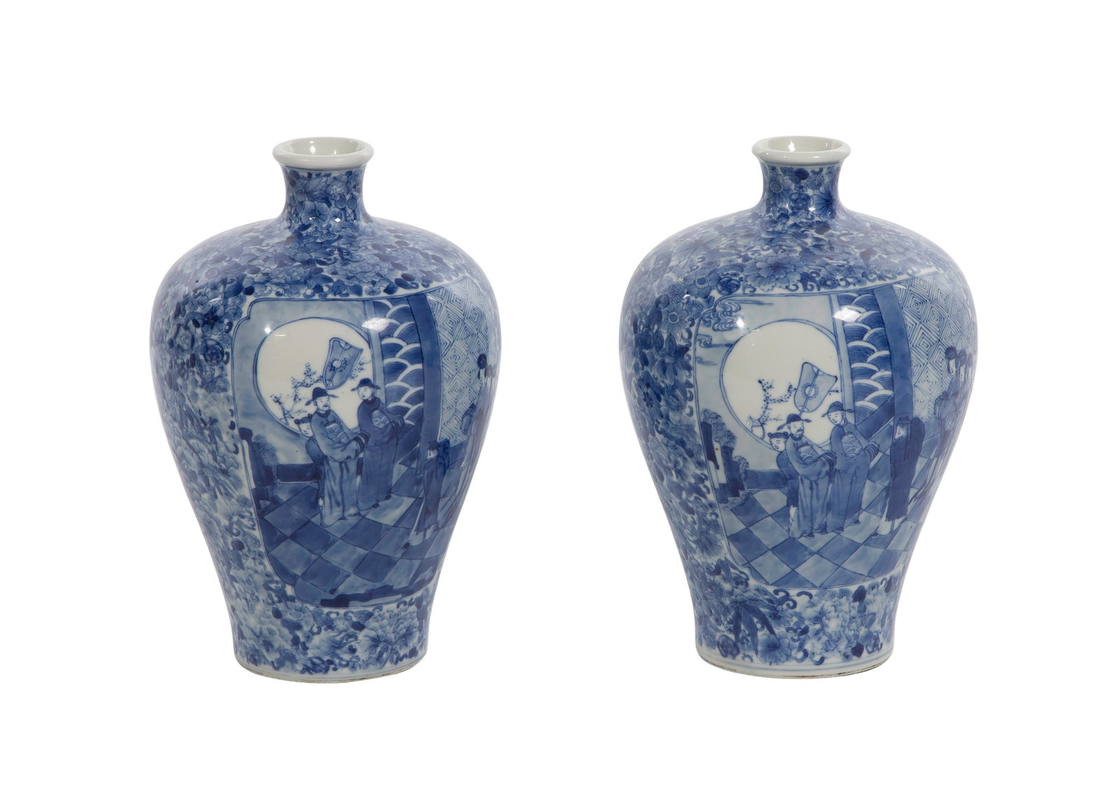 Chinese Meiping Vases: Chinese Meiping Vases A matched pair having underglaze cobalt blue on white porcelain ground, panels depicting a narrative pattern of courtly figures and scholars in an outdoor garden terrace / verand