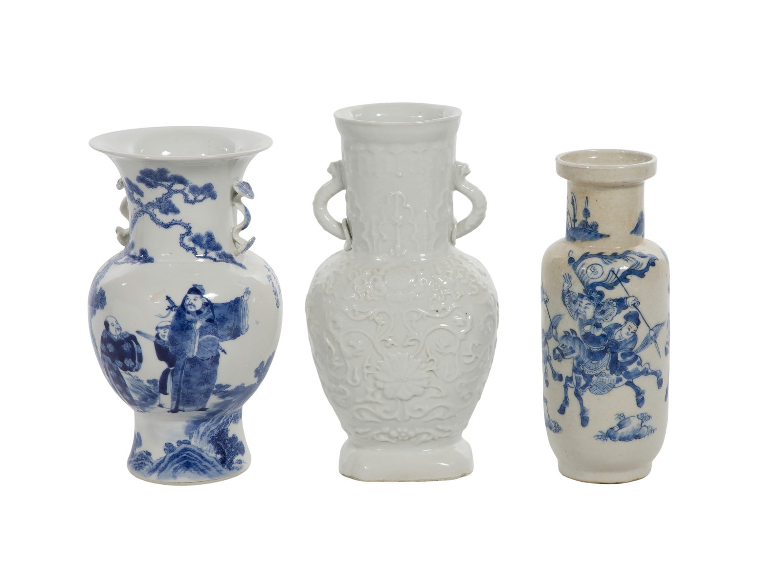 Asian Porcelain Vase Assortment: Asian Porcelain Vase Assortment (3) items including a white glazed porcelain vase having an archaic baluster shape, stylized dragon, handles and molded relief scrollwork, a blue and white porcelain ba