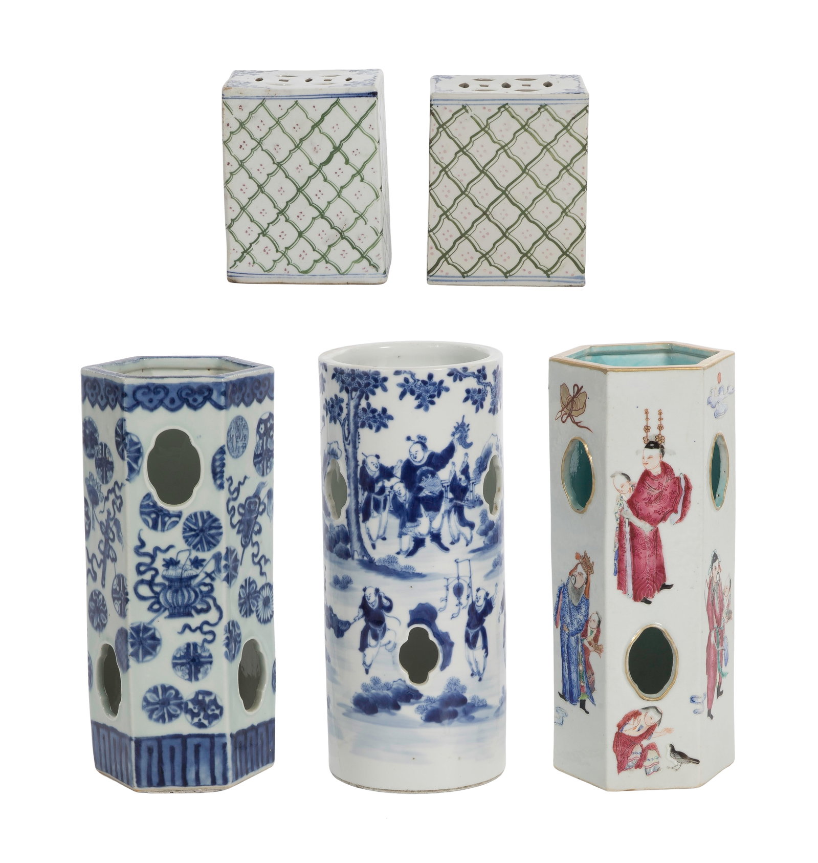 Chinese Porcelain Assortment: Chinese Porcelain Assortment (5) items including (3) hat stands and a pair of porcelain opium block style pillows Property from: a Private Collector, Wheaton, Illinois Height: 11 inches, Width: 5