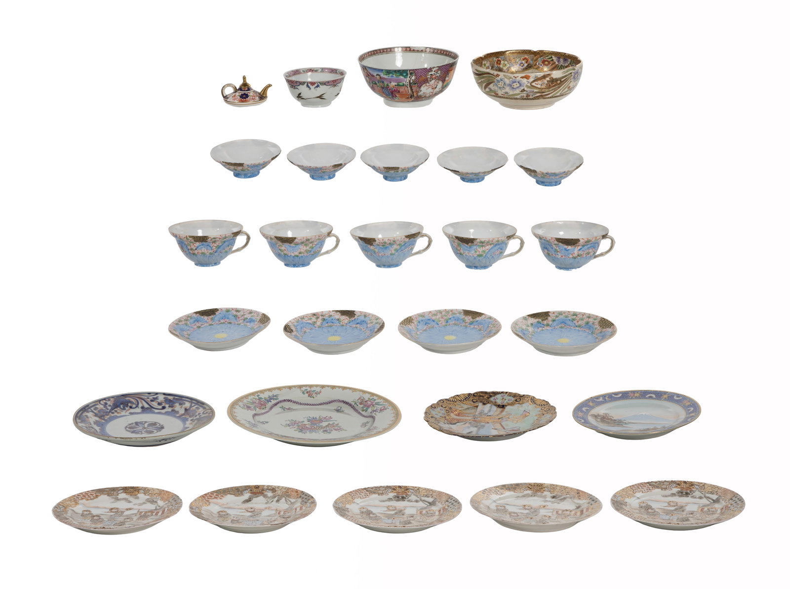 Japanese Porcelain Assortment: Japanese Porcelain Assortment (27) pieces, all having enamel decoration including (5) cups, (5) bowls and (4) saucers of Yokohama ware blue chrysanthemum pattern, a Satsuma bowl, a miniature Imari