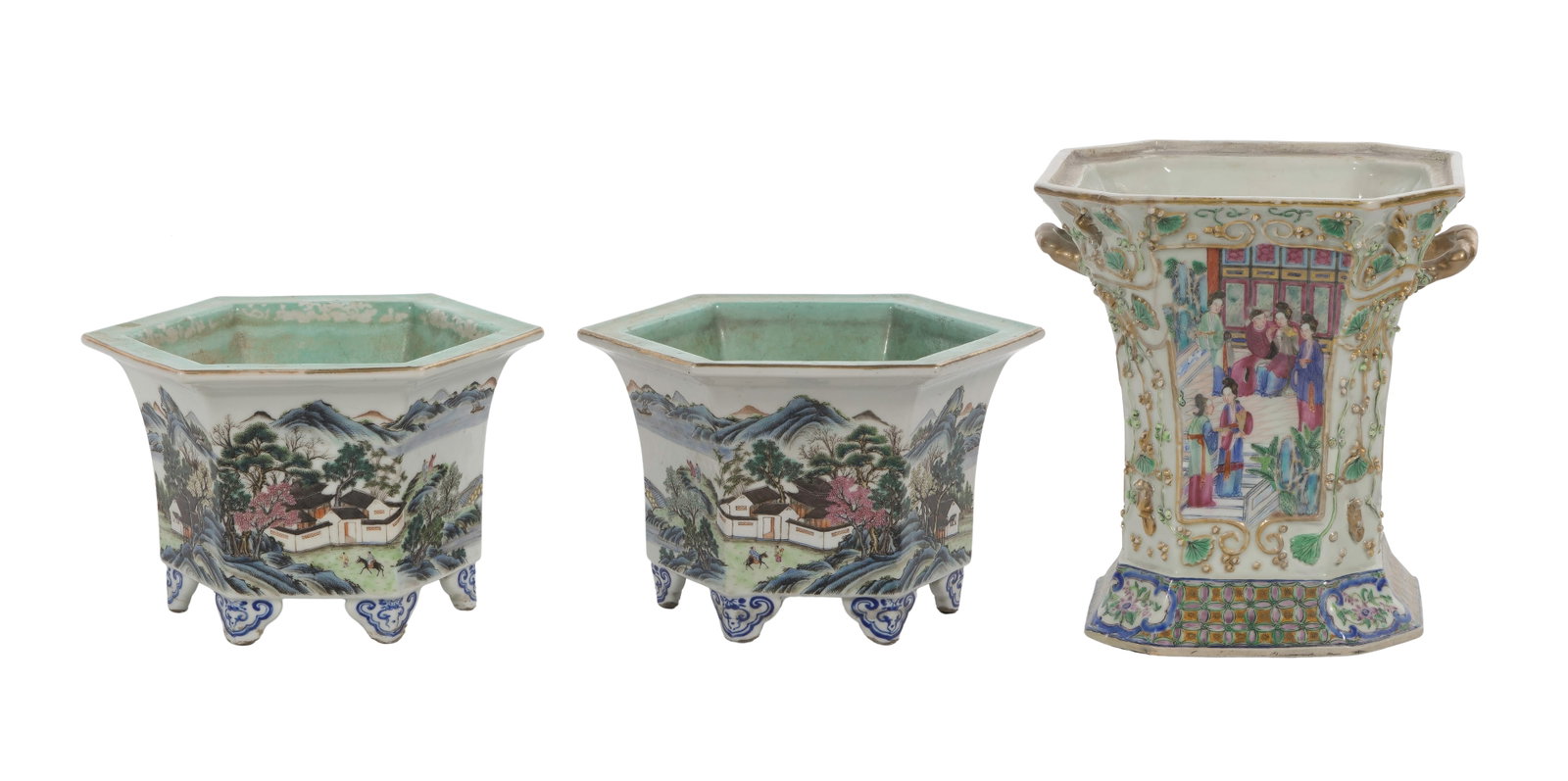 Chinese Export Cache Pot Assortment: Chinese Export Cache Pot Assortment (3) items including a bough pot having hand painted figural panels and applied gilt twisted branch handles and a matched pair of footed hexagonal planters having a 