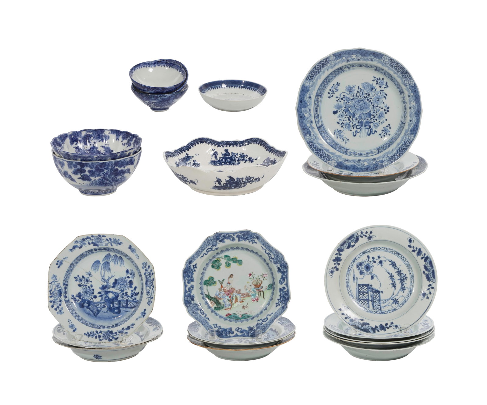 Chinese Export Blue and White Porcelain Dish Assortment: Chinese Export Blue and White Porcelain Dish Assortment (20) items of tableware including tea bowls, deep and shallow bowls, octagonal and circular plates and serving dishes having garden landscapes, 