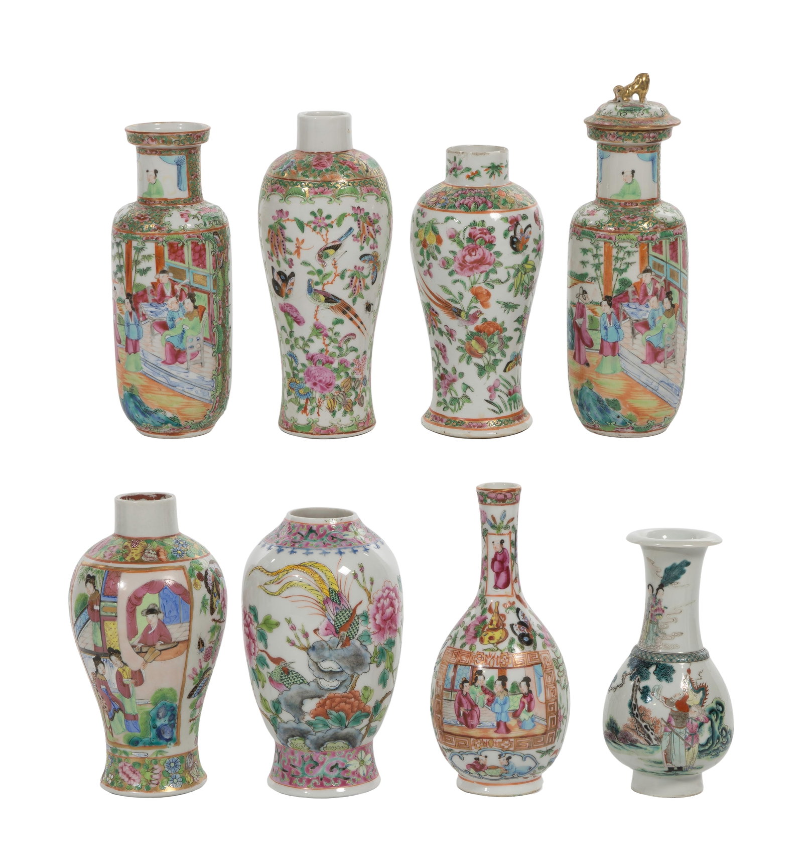 Chinese Famille Rose Porcelain Assortment: Chinese Famille Rose Porcelain Assortment (8) items in various shapes, colors and motifs, one having lid Property from: a Private Collector, Wheaton, Illinois Height: 9 1/2 inches, Diameter: 3 inches