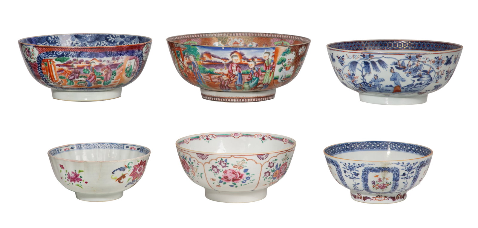 Chinese Export Porcelain Bowl Assortment: Chinese Export Porcelain Bowl Assortment (6) enameled items having blue underglaze figural narrative scenes, floral arrangements with peonies and roses and landscape motifs Property from: a Private
