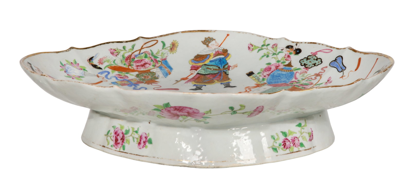 Chinese Export Porcelain Platter: Chinese Export Porcelain Platter A rose mandarin lozenge form pedestal dish having a hand-painted figural court scene, floral motifs and scalloped gilt rim Property from: a Private Collector,