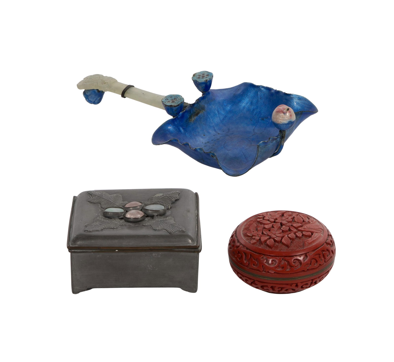 Asian Decorative Object Assortment: Asian Decorative Object Assortment (3) items including a blue cloisonne and jadeite jade scholar's brush washer, a pewter trinket box having stone inlay and a carved red cinnabar paste box Property fr