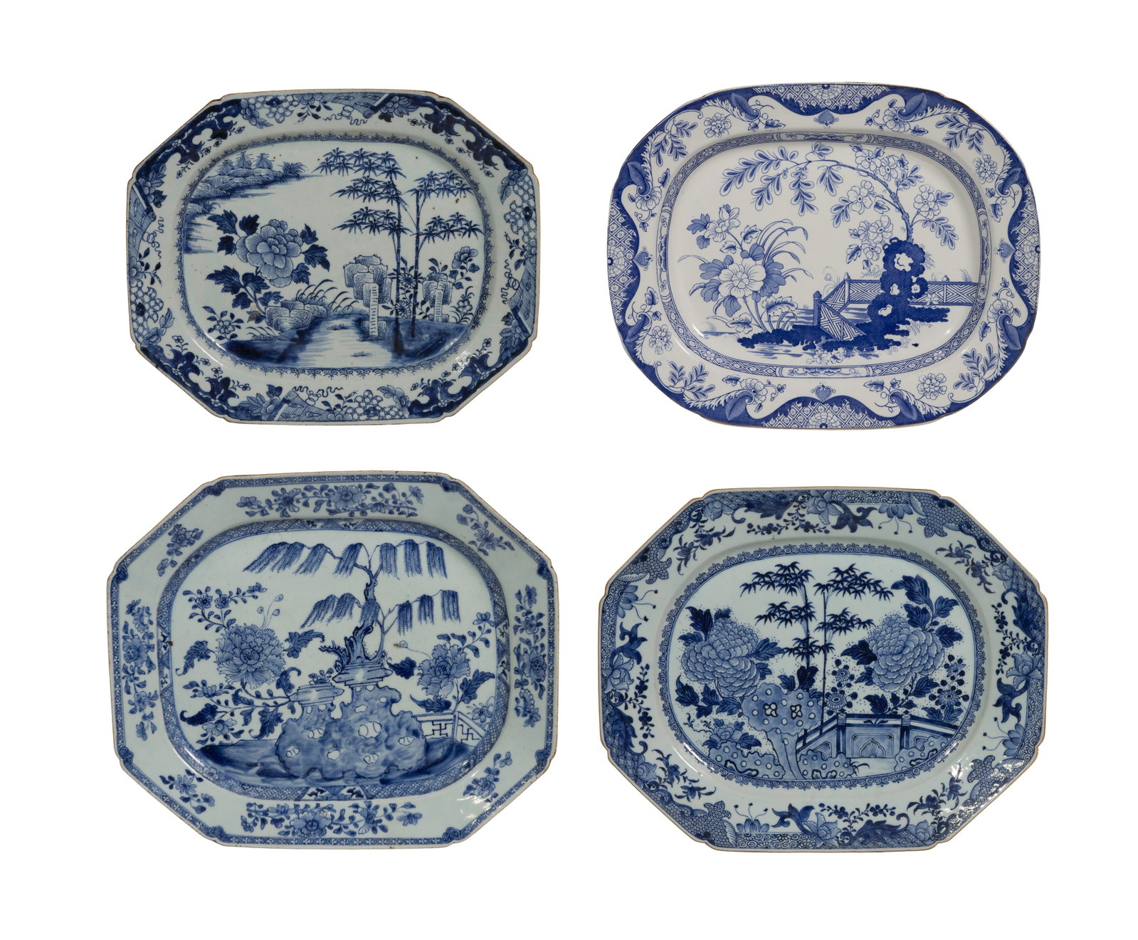 Chinese Export Platter Assortment: Chinese Export Platter Assortment (4) items, all blue and white porcelain, in various sizes, shapes and patterns Property from: a Private Collector, Wheaton, Illinois Height: 2 inches, Width: 17