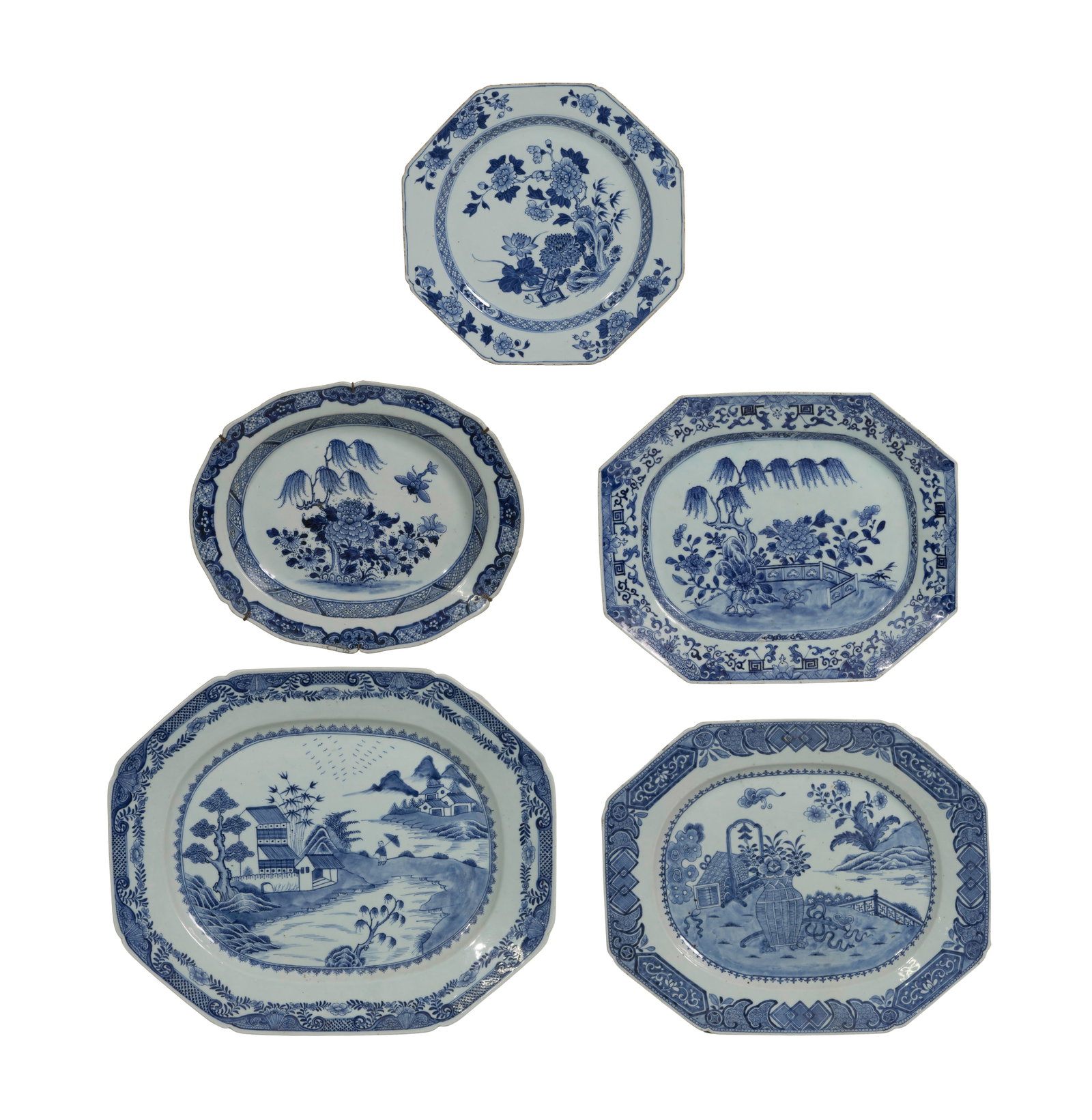 Chinese Export Platter Assortment: Chinese Export Platter Assortment (5) items, all in blue and white porcelain in various shapes, sizes and patterns Property from: a Private Collector, Wheaton, Illinois Height: 2 inches, Width: 21