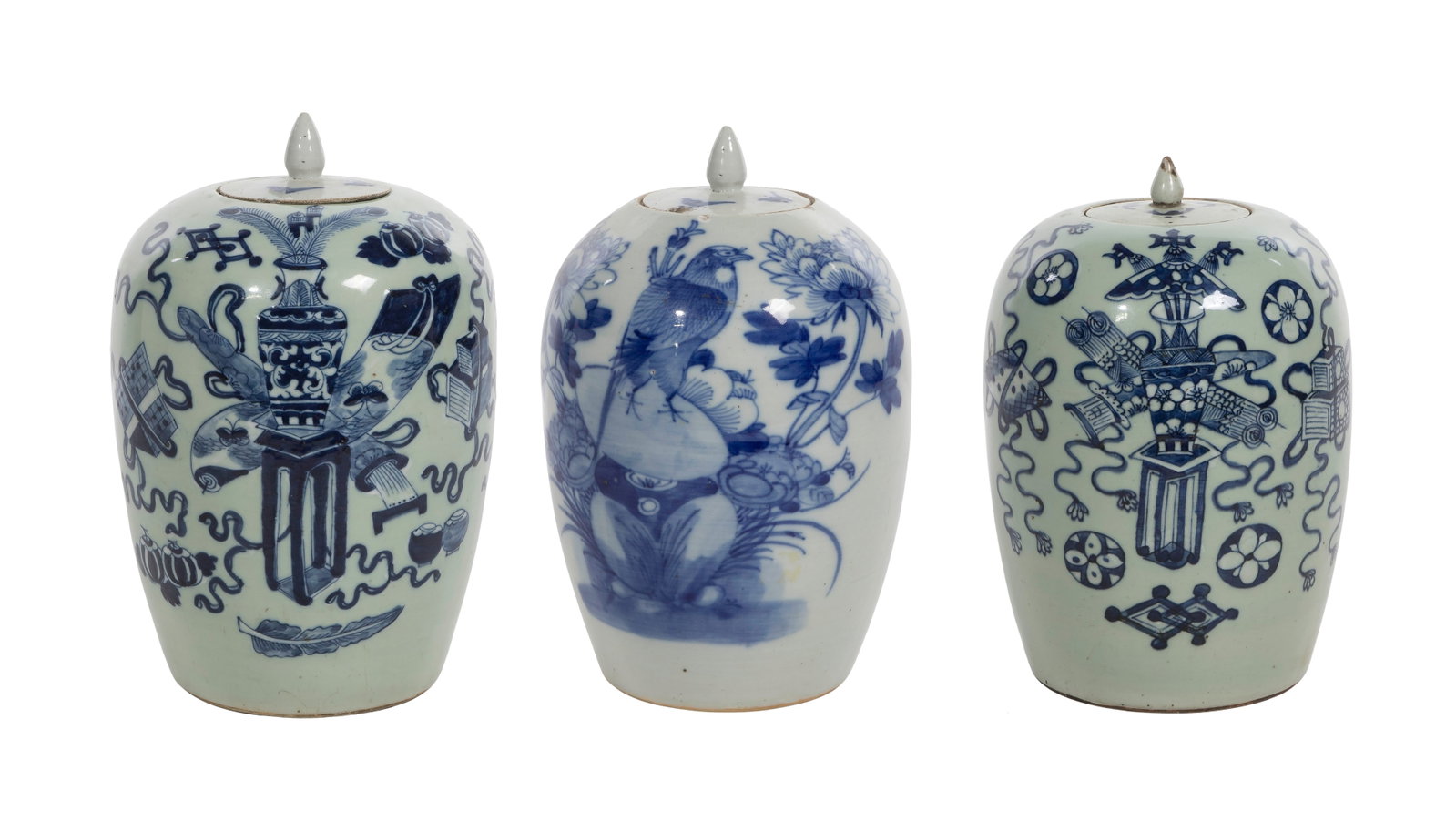 Chinese Blue and White Porcelain Ginger Jar Assortment: Chinese Blue and White Porcelain Ginger Jar Assortment (3) items, recessed inner rims supporting lids having finials, all having underglaze blue decoration, (2) having similar floral vase motifs surro