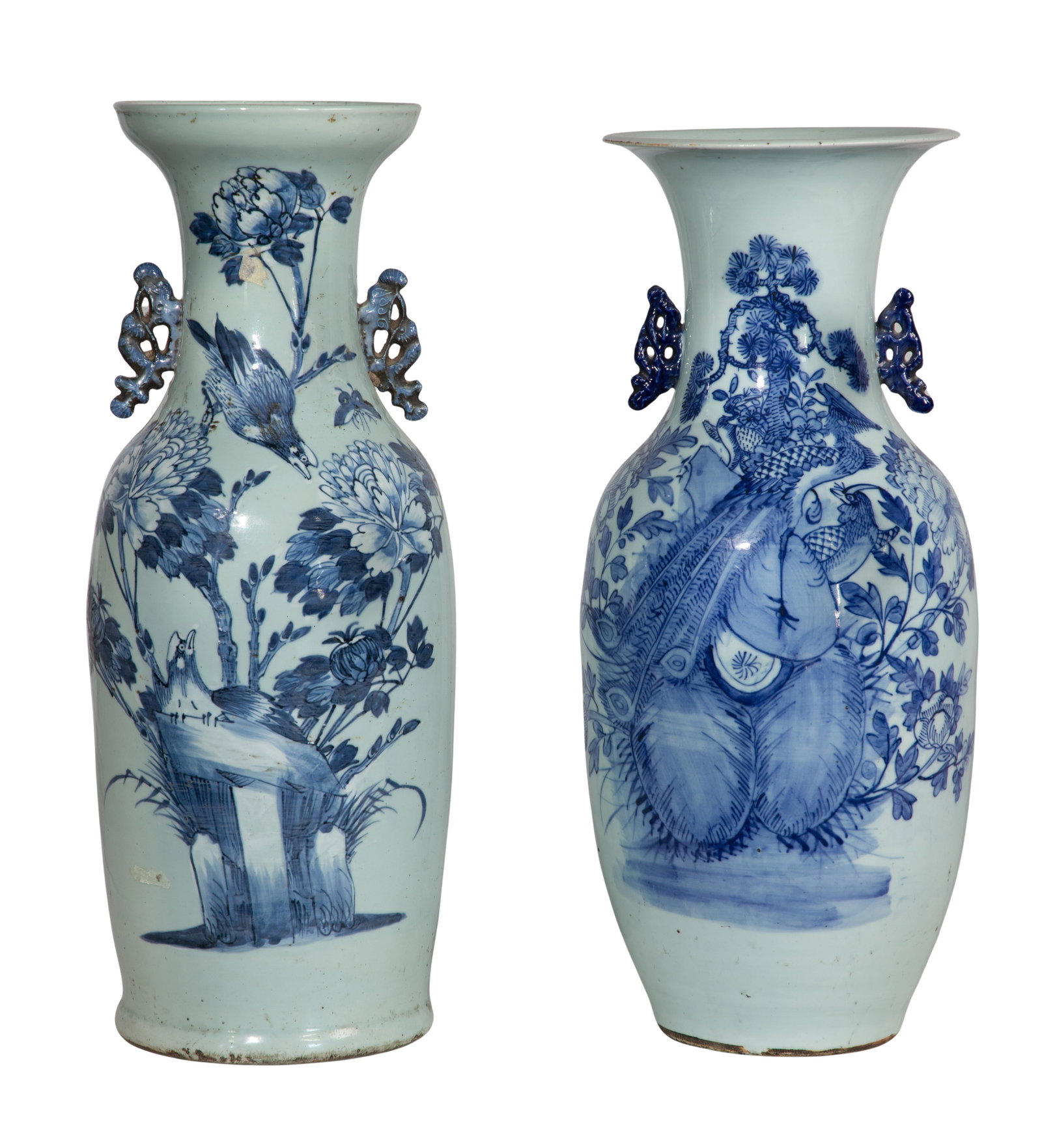 Chinese Porcelain Floor Vases: Chinese Porcelain Floor Vases (2) similar items painted in avian scenes in an underglaze cobalt, having applied handles and retaining red export seal Property from: a Private Collector, Wheaton,