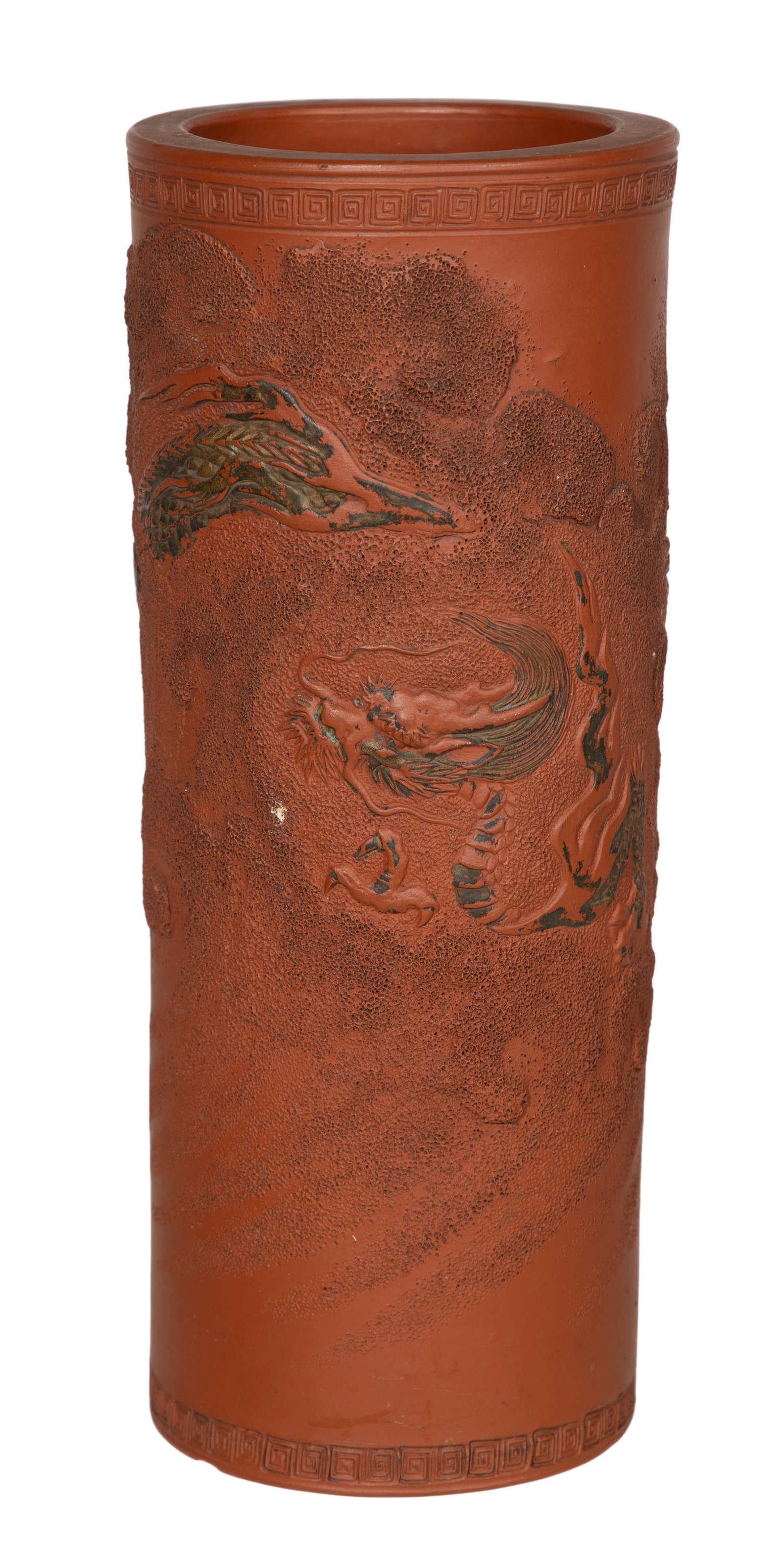 Asian Red Clay Pot: Asian Red Clay Pot A brush pot having a painted dragon motif in relief, Greek key rims, incised seal on bottom Property from: an Estate, Glen Ellyn, Illinois Height: 9 1/2 inches, Diameter: 5 inches C