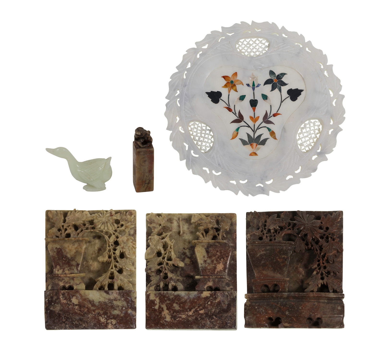 Asian Stone Assortment: Asian Stone Assortment (6) items including (3) carved soapstone panels, a soapstone seal, a jadeite jade duck figurine and a white marble dish having floral pietra dura inlay Property from: a Private