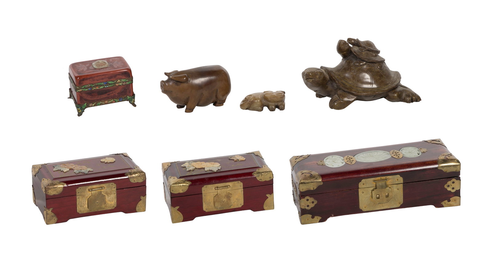Asian Carved Stone Assortment: Asian Carved Stone Assortment (7) items including (3) wood boxes having stone and brass accents in original boxes, a ceramic and enamel box having a stone accent and (3) animal figurines Property from