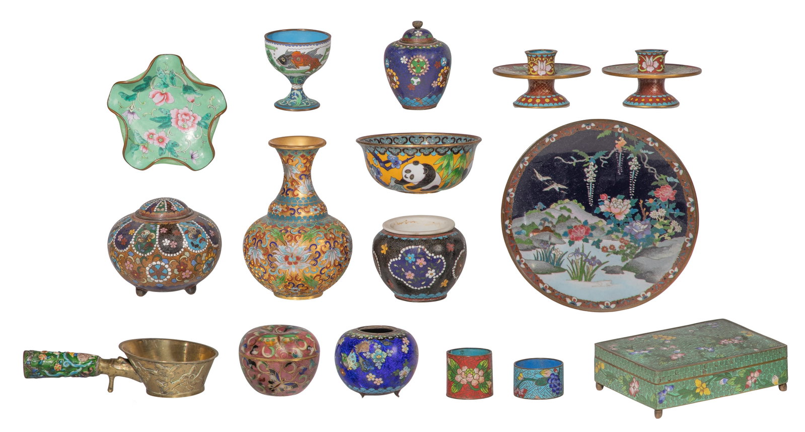 Asian Cloisonne Assortment: Asian Cloisonne Assortment (16) items of various shapes, sizes, uses and designs including trinket dishes, bowls, vases and candle holders Property from: a Private Collector, Wheaton, Illinois