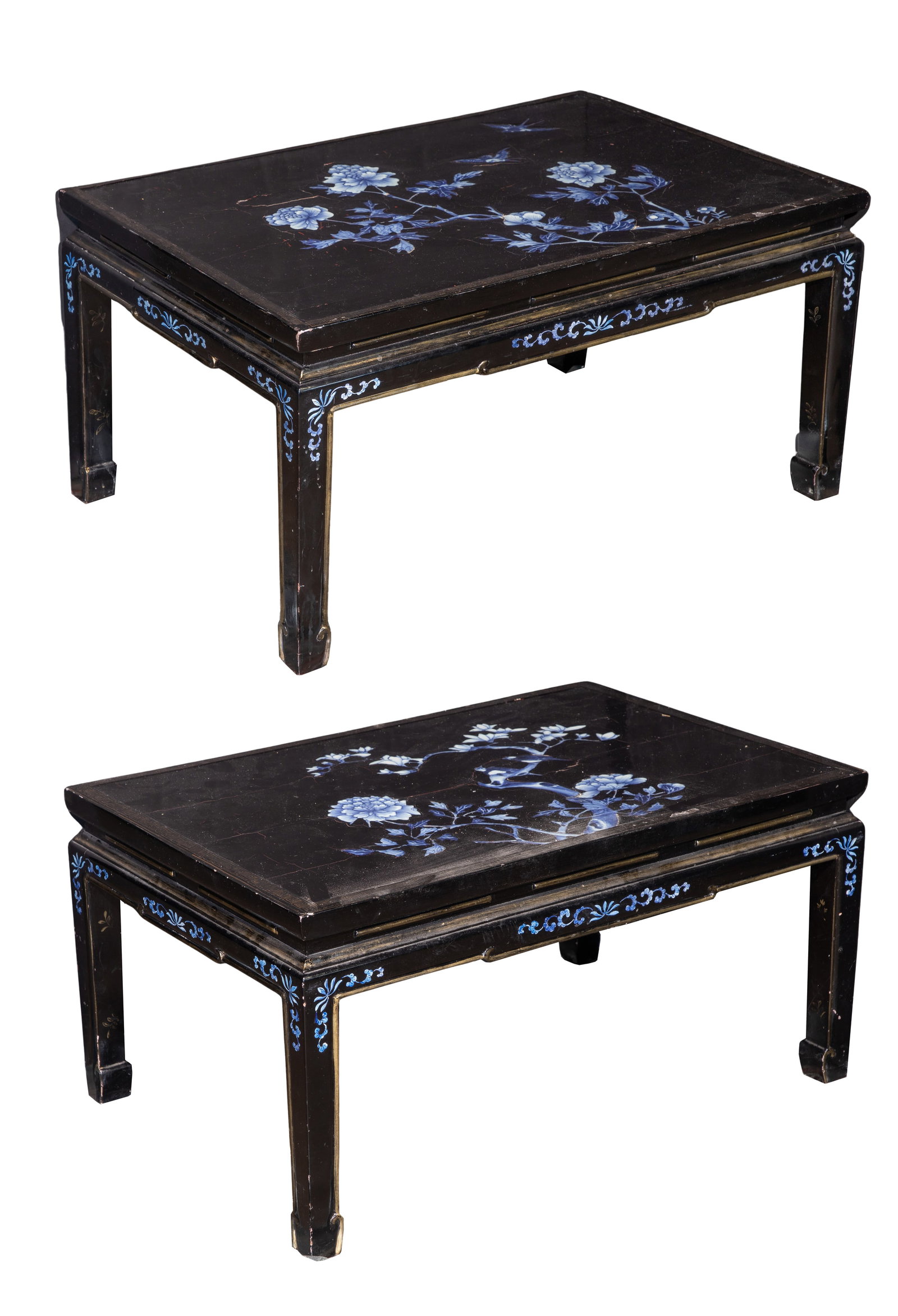 Chinese Porcelain Inlaid Lacquer Tables: Chinese Porcelain Inlaid Lacquer Tables A matched pair having similar inlaid underglaze blue porcelain floral decoration set in black lacquer, one having birds, gold-tone lacquer Greek key border,