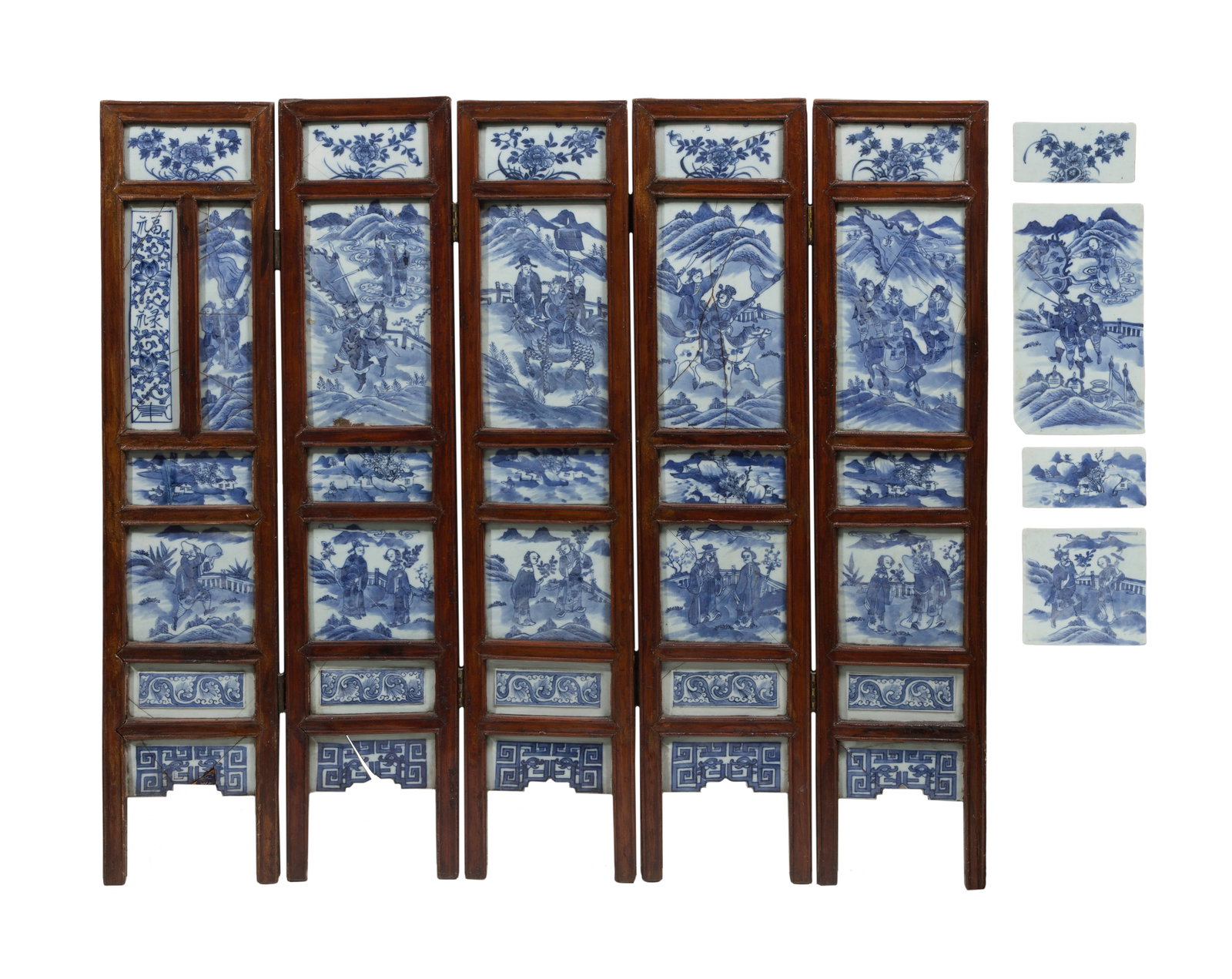 Chinese Five-Panel Tiled Screen: Chinese Five-Panel Tiled Screen A table top five-fold screen having thirty-one blue and white porcelain plaques; together with four extra tiles Property from: a Private Collector, Wheaton, Illinois