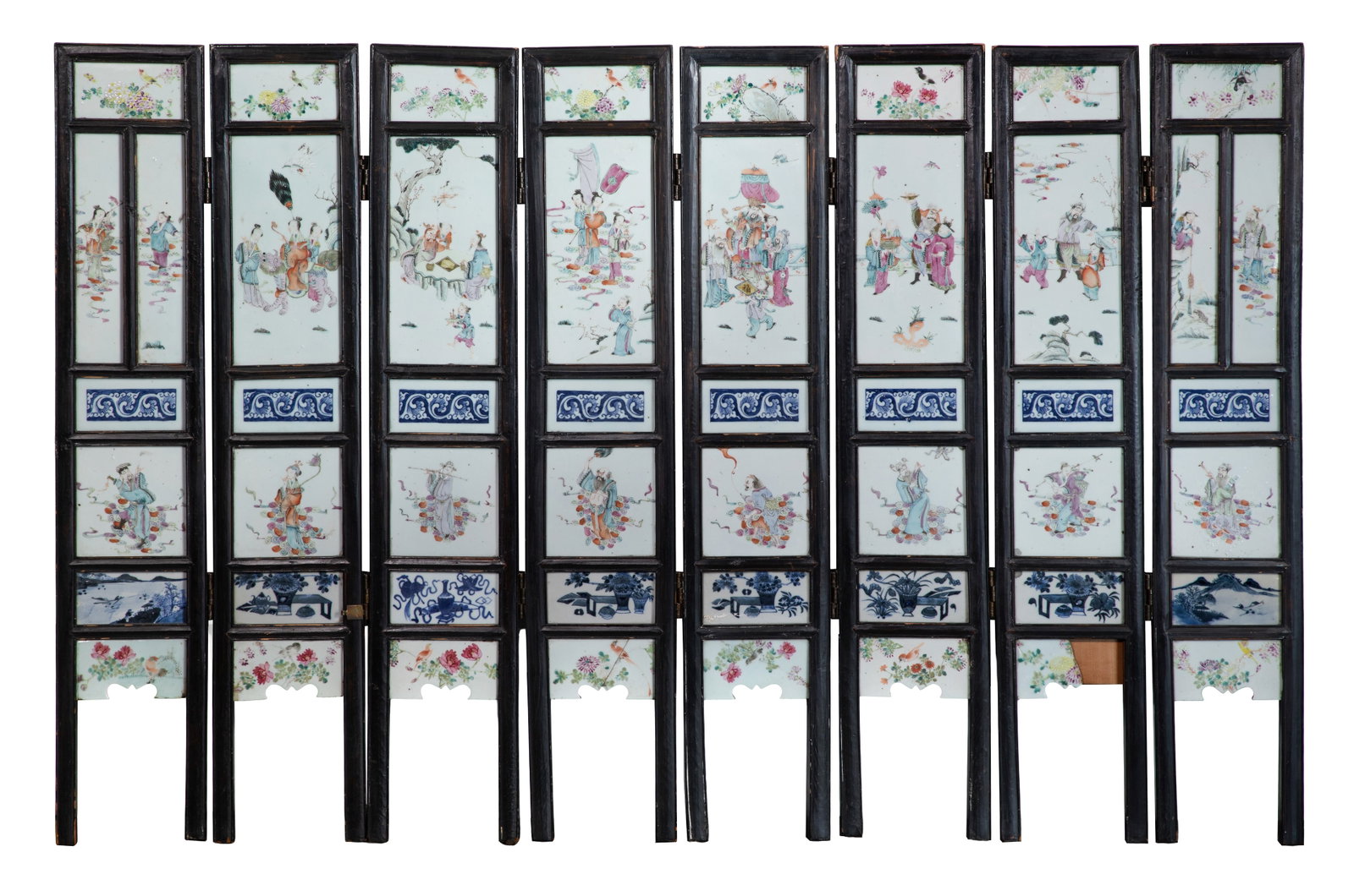 Chinese Porcelain and Wood Screen: Chinese Porcelain and Wood Screen Having eight panels, each panel having five famille rose and two underglaze blue decorated porcelain tiles, contained in peg constructed wood framework linked by bras