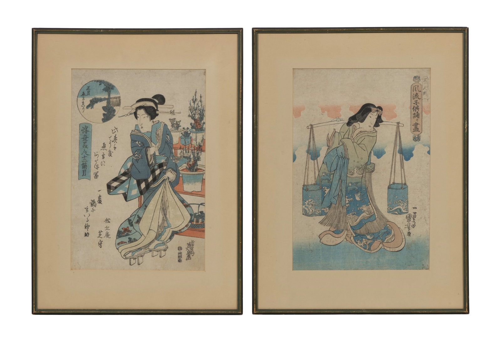 Japanese Woodblock Prints: Japanese Woodblock Prints (2) oban size including 'Mitsu Ningyo' by Utagawa Kuniyoshi (1798-1861) from his series 'Children's Dances' and a depiction of a courtesan by Kesai Eisen (1790-1848) having