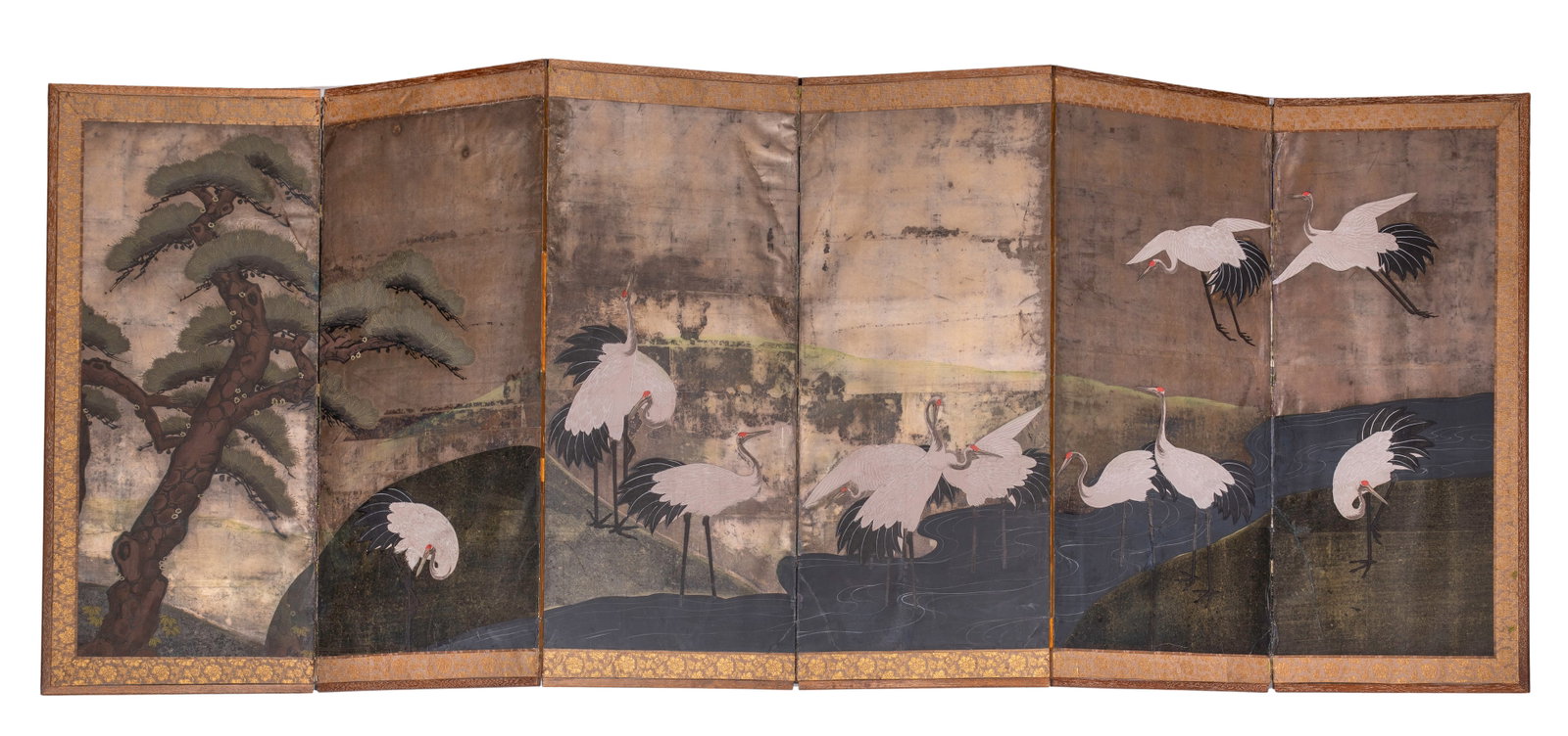 Japanese Six-Panel Floor Screen: Japanese Six-Panel Floor Screen A byobu screen featuring hand-painted cranes and a pine tree on a background Property from: a Private Collector, Lemont, Illinois Height: 49 inches, Width: 120 inches,