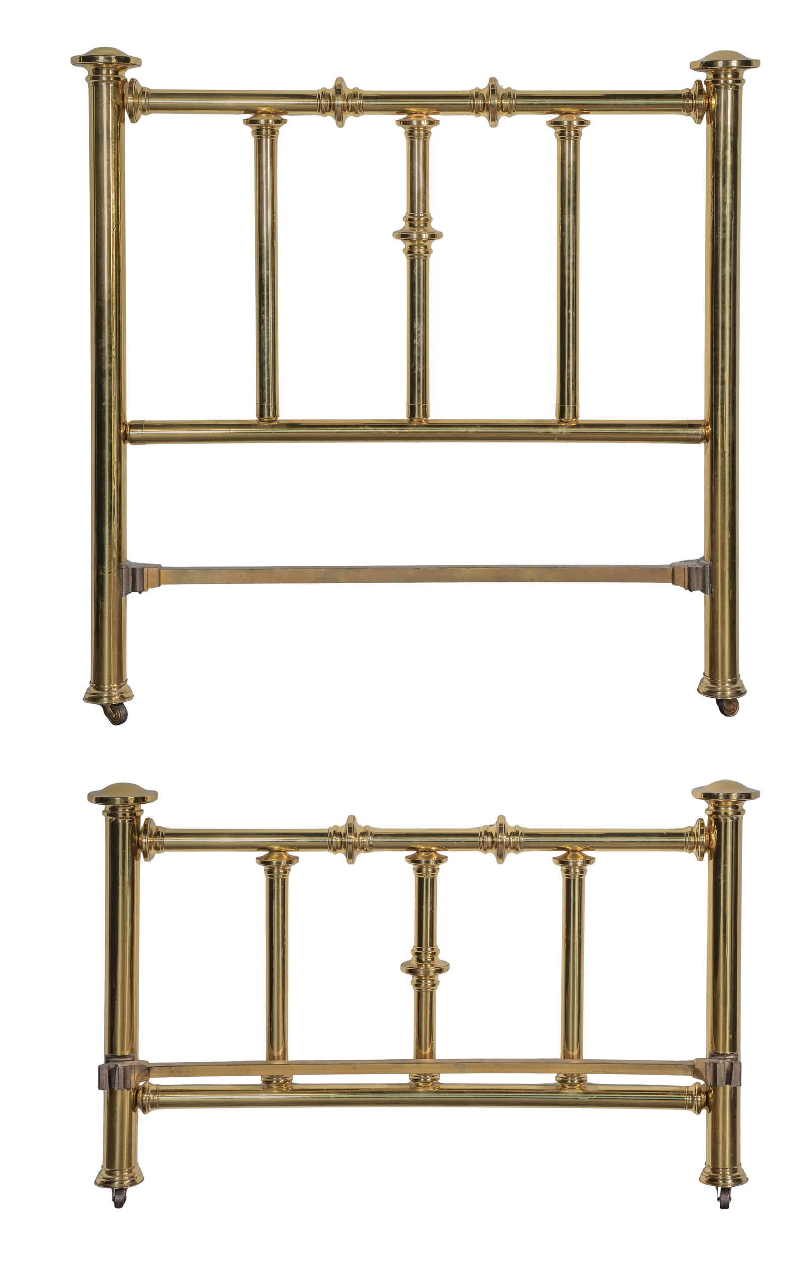 Brass Plated Bed Frame: Brass Plated Bed Frame A full size bed frame having headboard, footboard and side rails in a shiny brass finish having thick round vertical posts and traditional metal spindles Property from: a Privat